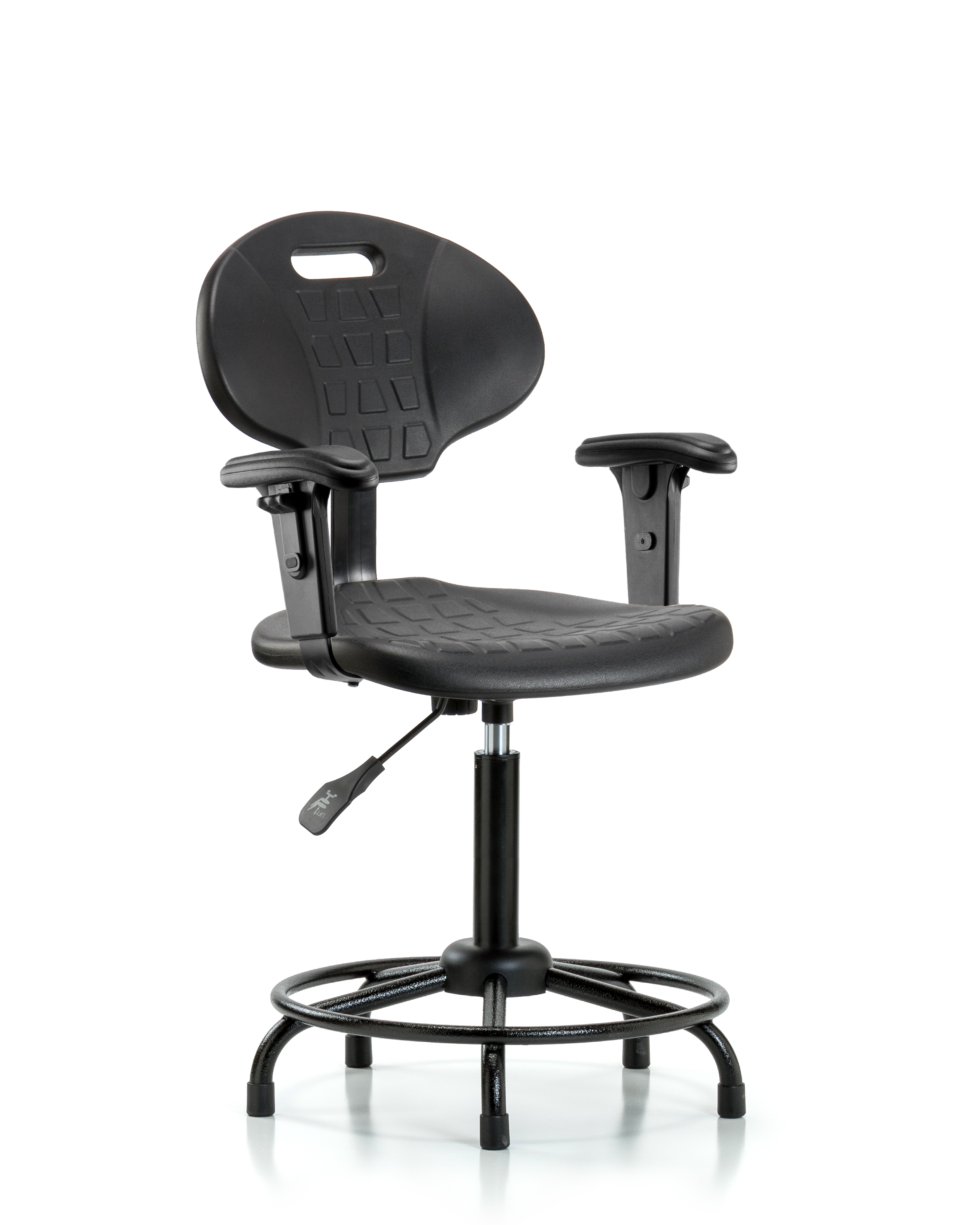 Polyurethane Chair Round Tube Base - Medium Bench Height with Seat Tilt, Adjustable Arms, & Stationary Glides in Black Polyurethane