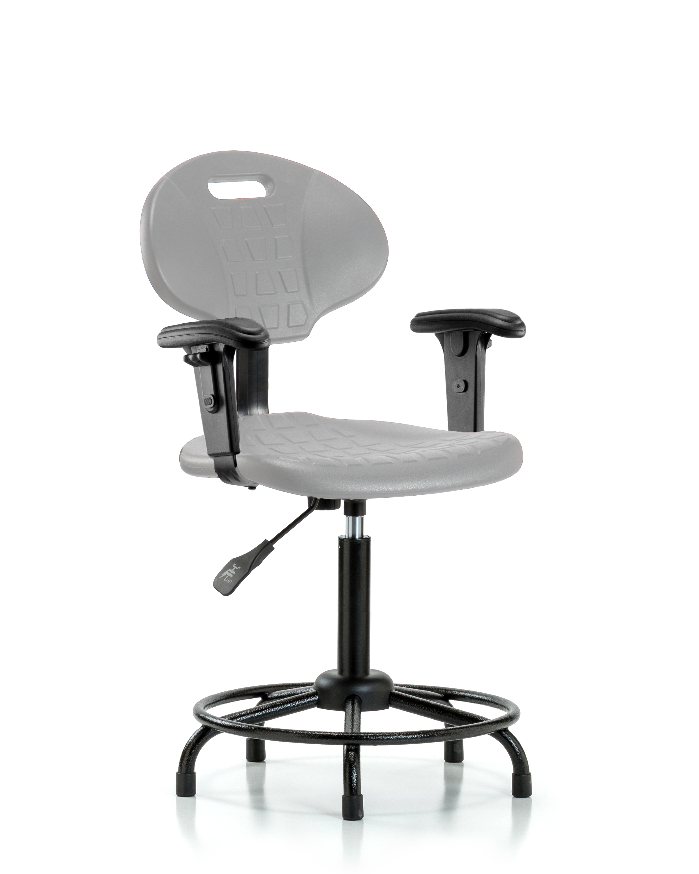 Polyurethane Chair Round Tube Base - Medium Bench Height with Seat Tilt, Adjustable Arms, & Stationary Glides in Gray Polyurethane