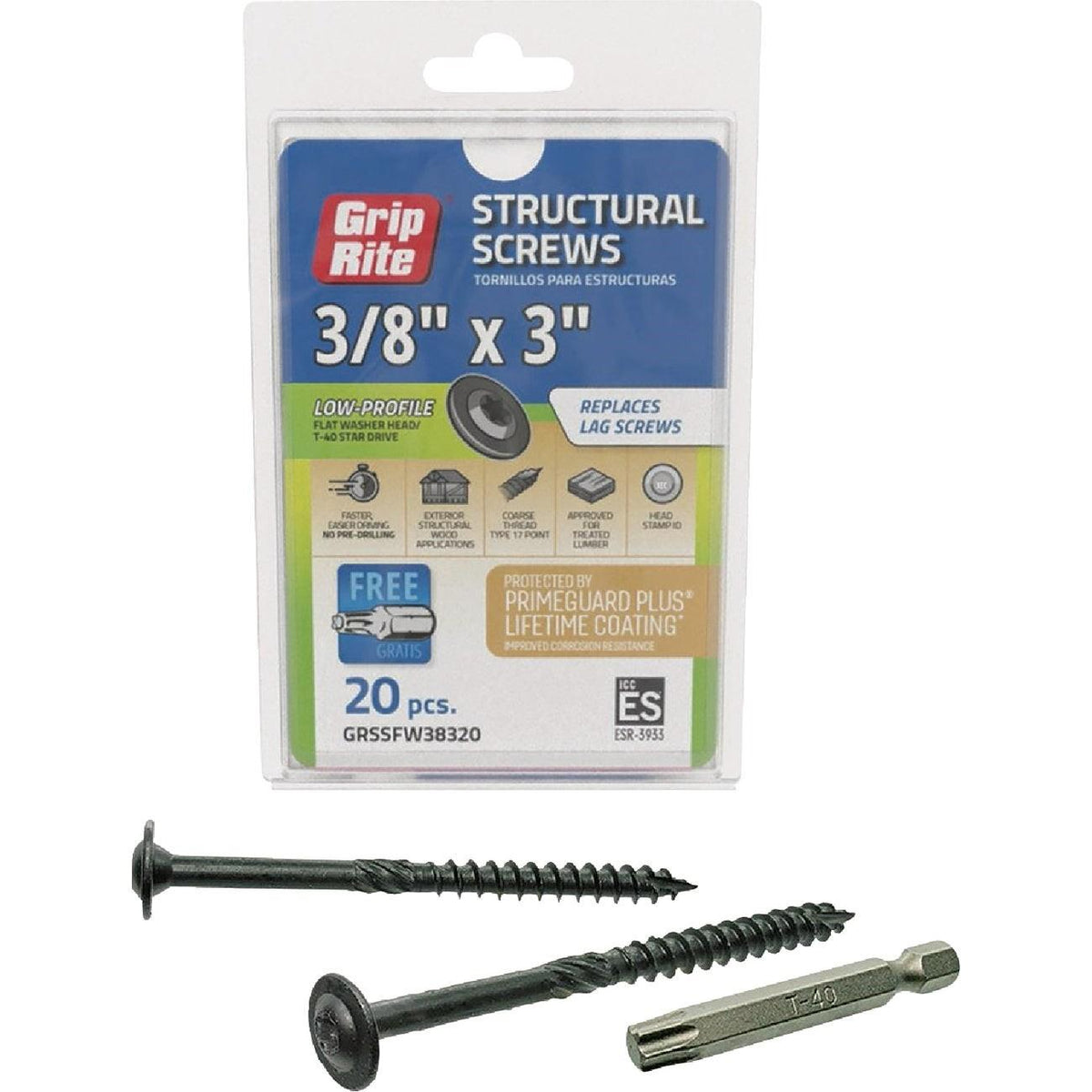 Grip-Rite PrimeGuard Plus 3/8 In. x 3 In. Flat Washer Head Structure Screw (20-Count)