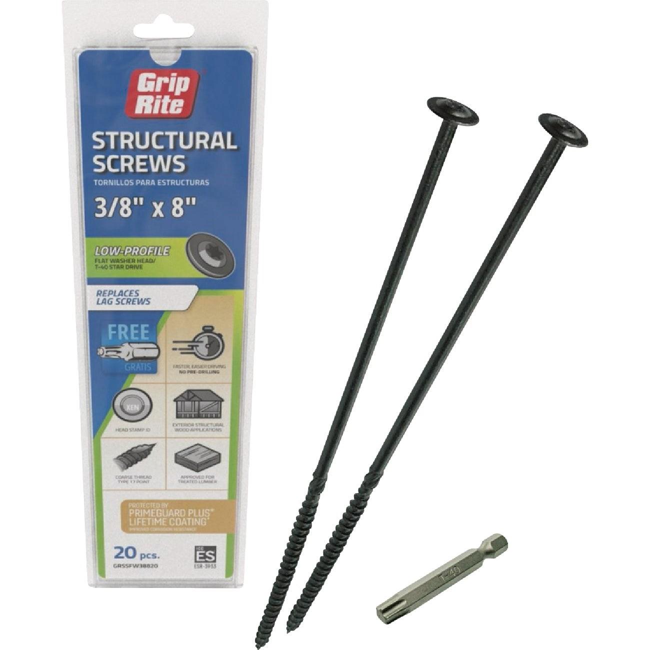Grip-Rite PrimeGuard Plus 3/8 In. x 8 In. Flat Washer Head Structure Screw (20-Count)