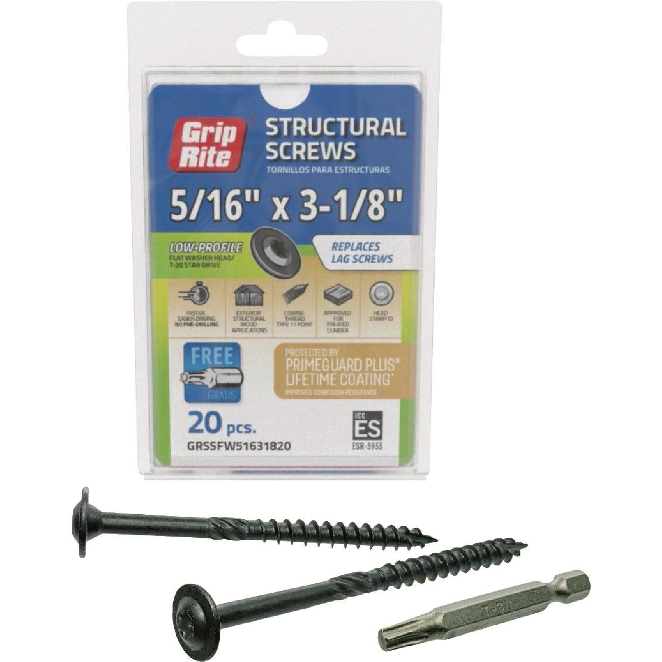 Grip-Rite PrimeGuard Plus 5/16 In. x 3-1/8 In. Flat Washer Head Structure Screw (20-Count)