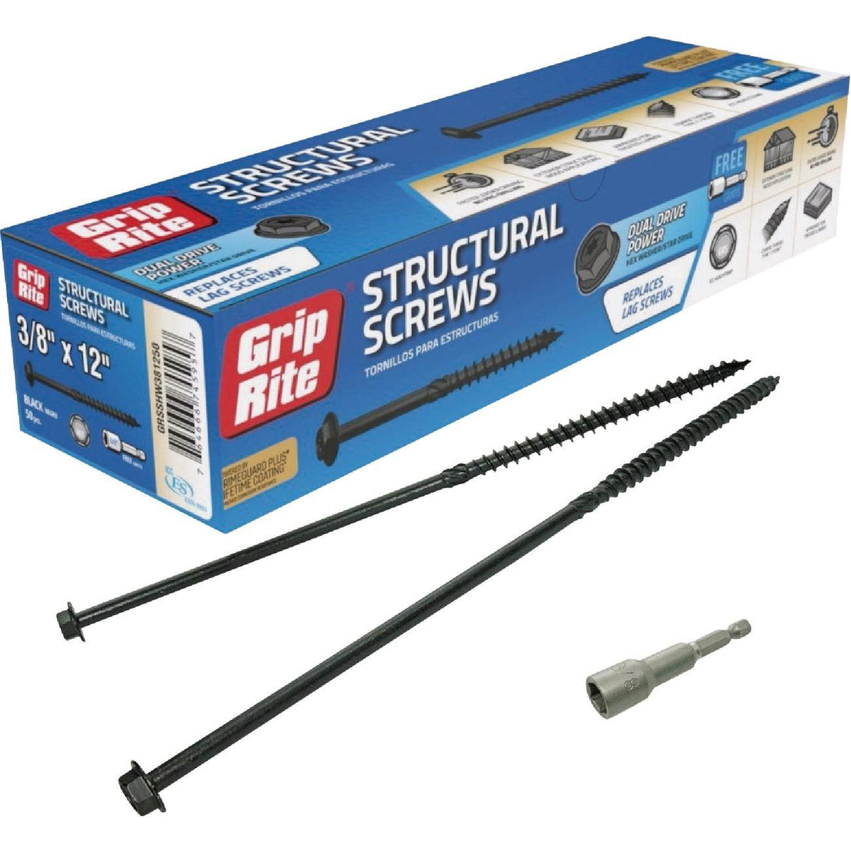 Grip-Rite PrimeGuard Plus 3/8 In. x 12 In. Hex Washer Head Structural Screw (50-Count)