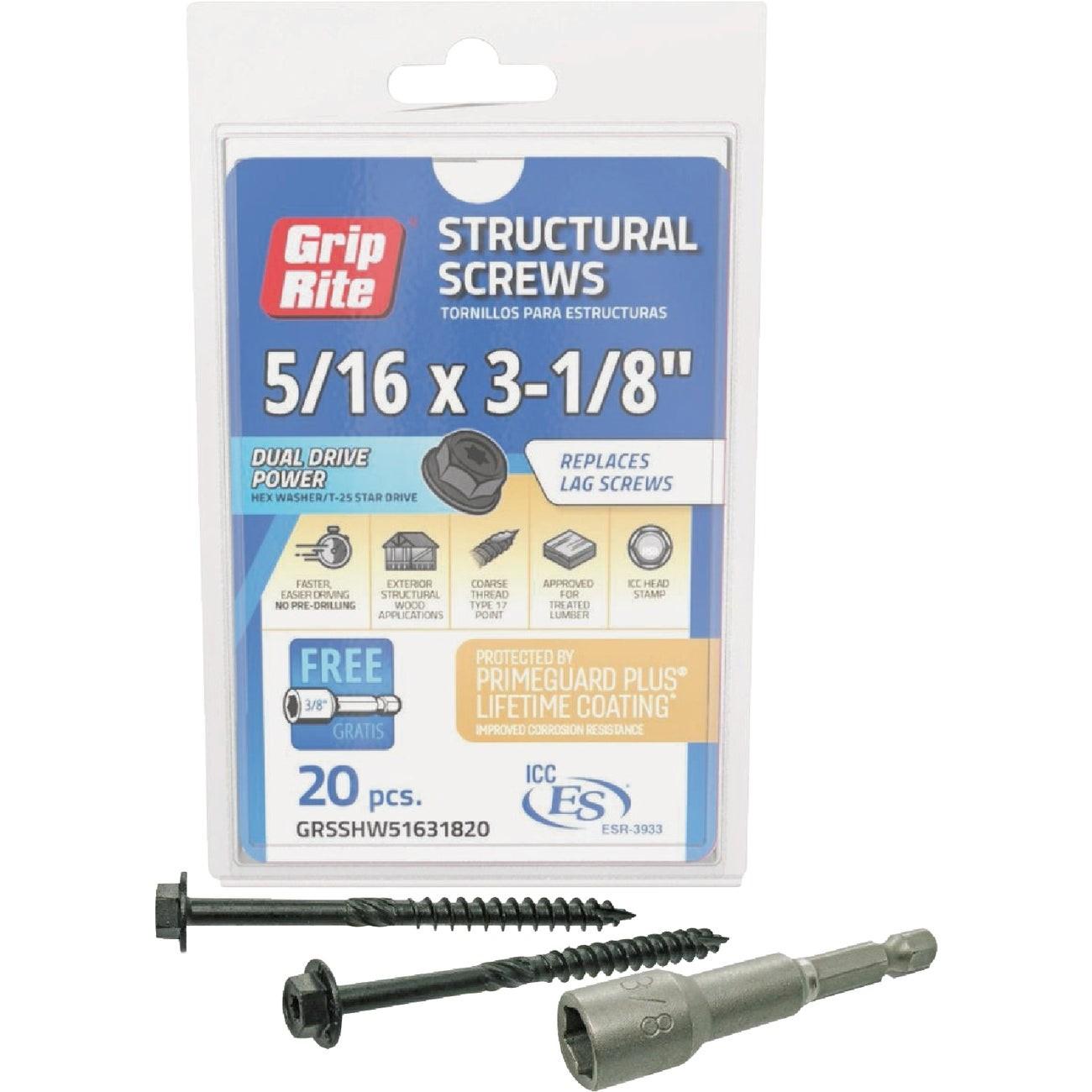Grip-Rite PrimeGuard Plus 5/16 In. x 3-1/8 In. Hex Washer Head Structural Screw (20-Count)