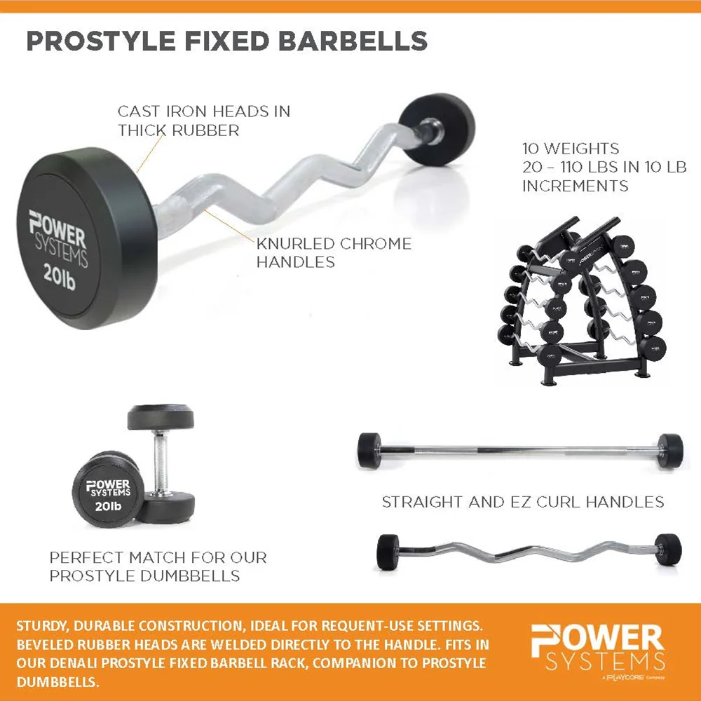 Power Systems Curved Handle Pro Style Rubber Fixed Barbell Custom 100 lb