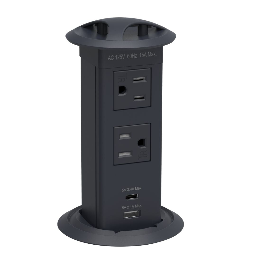 NPS® 3" Round Pull-Up Grommet Power Dock, 2 AC Outlets, 1 USB-A Port, 1 USB-C Port, Frame Color: Black