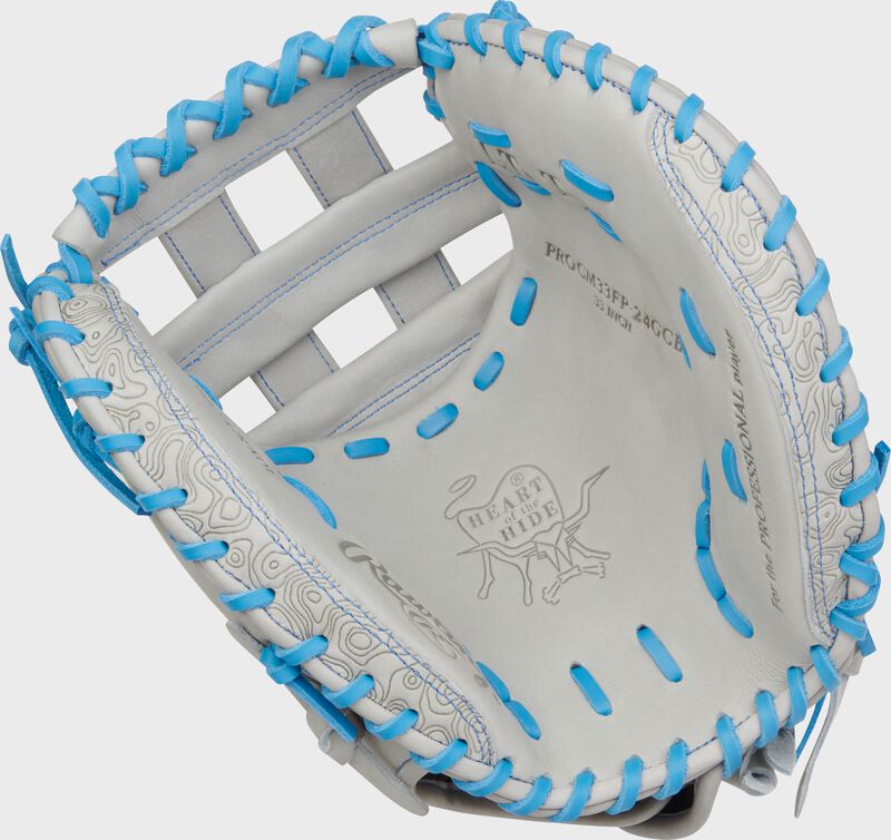 Rawlings Heart Of The Hide Series Catchers Mitt 33-Inch Softball Glove - Right Hand Thrower - Gray/Columbia Blue