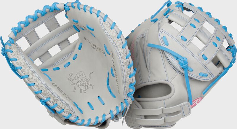 Rawlings Heart Of The Hide Series Catchers Mitt 33-Inch Softball Glove - Right Hand Thrower - Gray/Columbia Blue