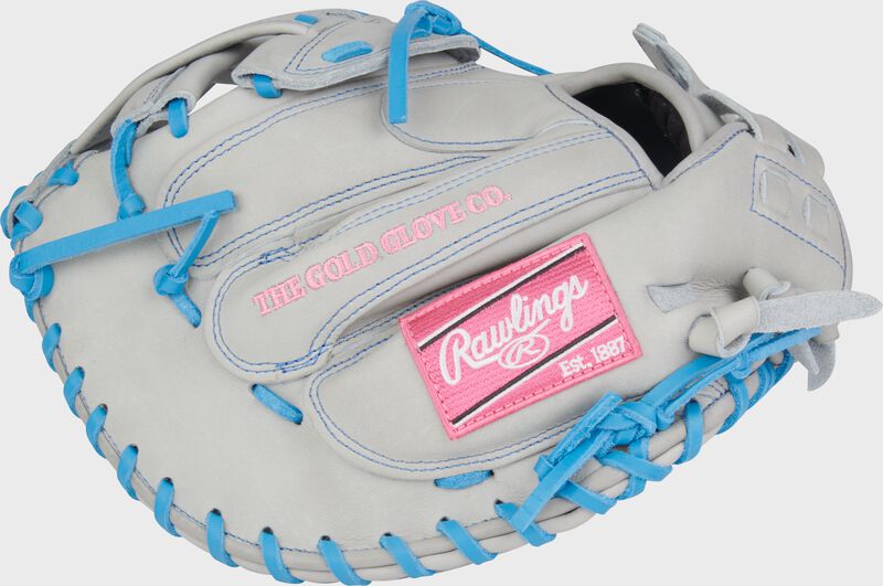 Rawlings Heart Of The Hide Series Catchers Mitt 33-Inch Softball Glove - Right Hand Thrower - Gray/Columbia Blue