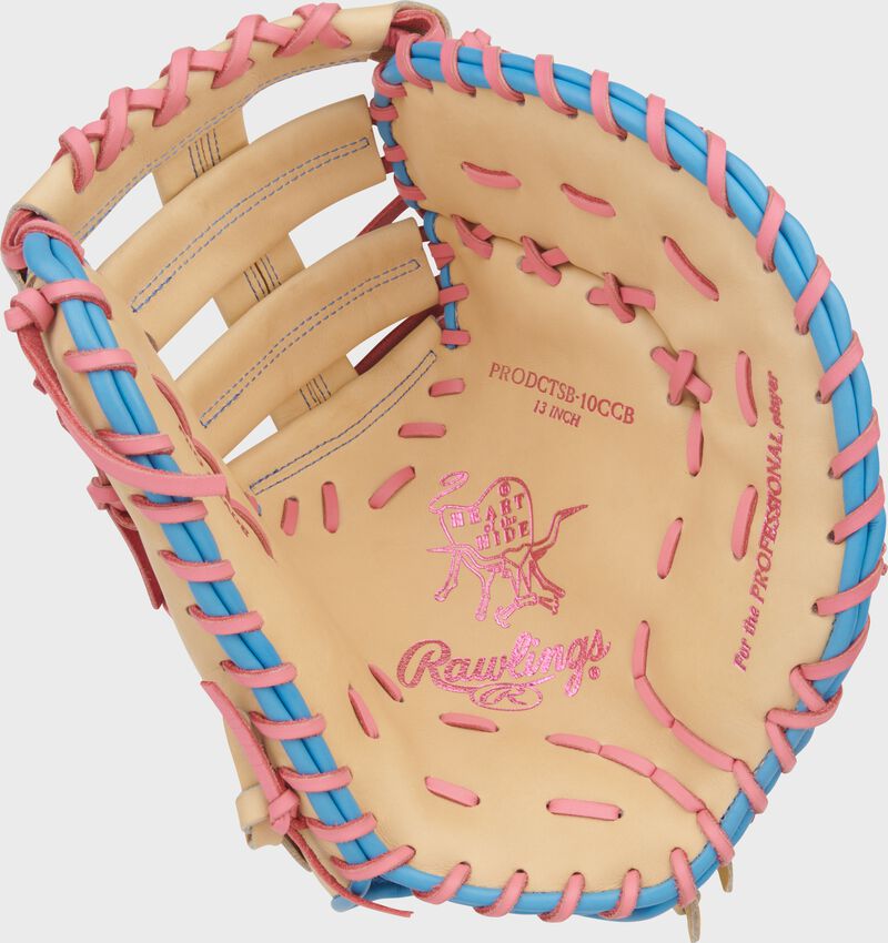 Rawlings Heart Of The Hide Series First Base Mitt 13-Inch Softball Glove - Right Hand Thrower - Camel/Pink/Columbia Blue