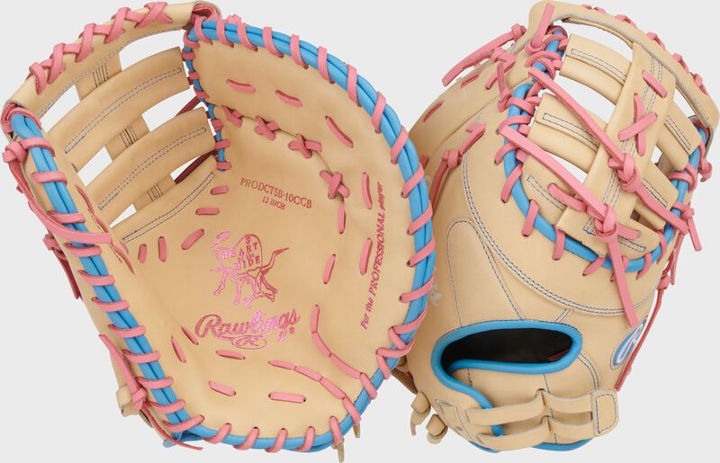 Rawlings Heart Of The Hide Series First Base Mitt 13-Inch Softball Glove - Right Hand Thrower - Camel/Pink/Columbia Blue
