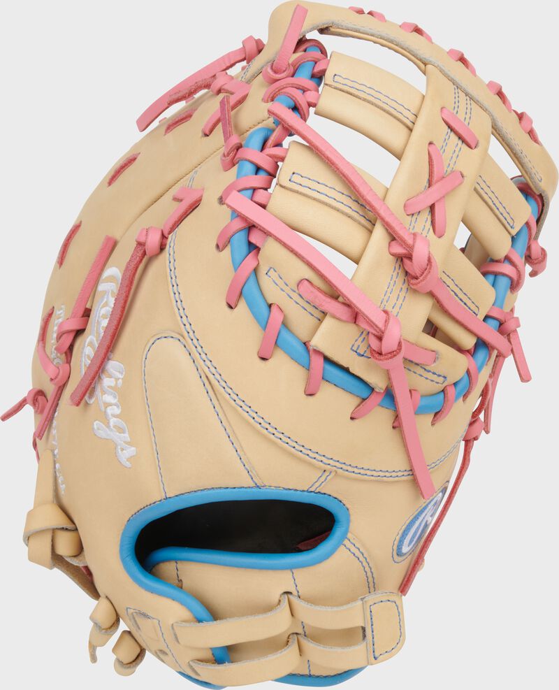 Rawlings Heart Of The Hide Series First Base Mitt 13-Inch Softball Glove - Left Hand Thrower - Camel/Pink/Columbia Blue