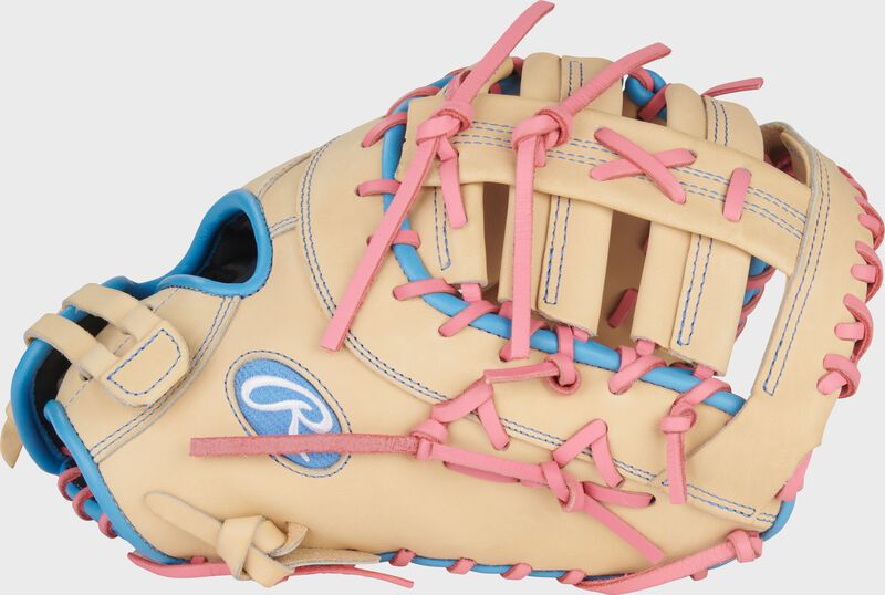Rawlings Heart Of The Hide Series First Base Mitt 13-Inch Softball Glove - Left Hand Thrower - Camel/Pink/Columbia Blue