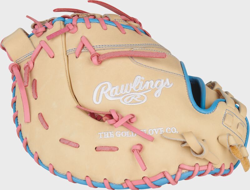 Rawlings Heart Of The Hide Series First Base Mitt 13-Inch Softball Glove - Left Hand Thrower - Camel/Pink/Columbia Blue