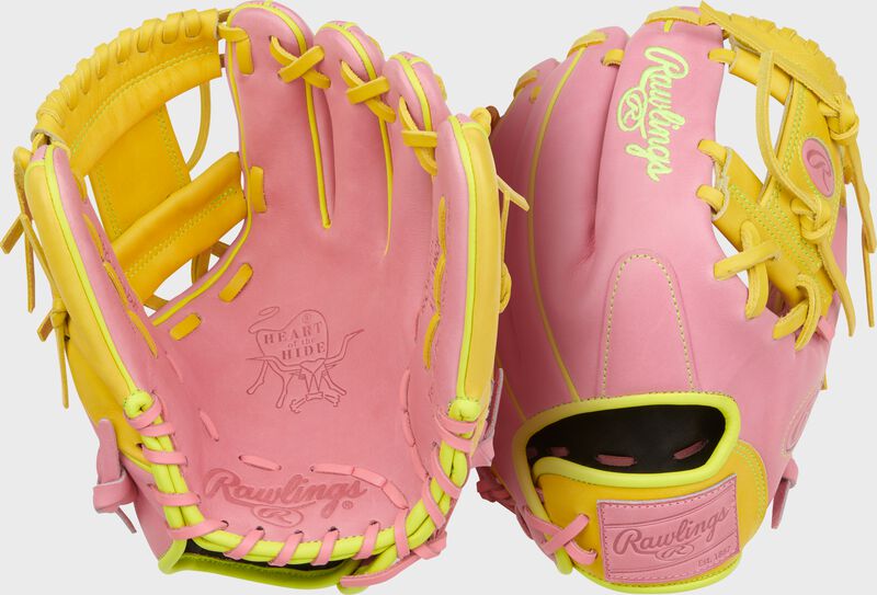 Rawlings Heart Of The Hide Series 11.5-Inch Baseball Glove - Right Hand Thrower - Pink/Yellow