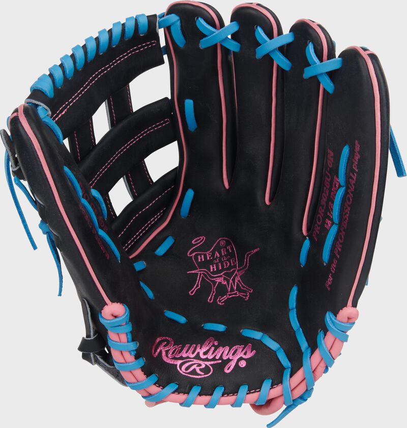 Rawlings Heart Of The Hide Series 12.5-Inch Baseball Glove - Right Hand Thrower - Black/Columbia Blue/Pink