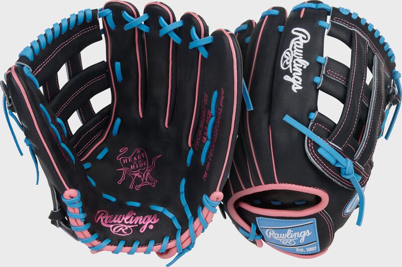 Rawlings Heart Of The Hide Series 12.5-Inch Baseball Glove - Right Hand Thrower - Black/Columbia Blue/Pink