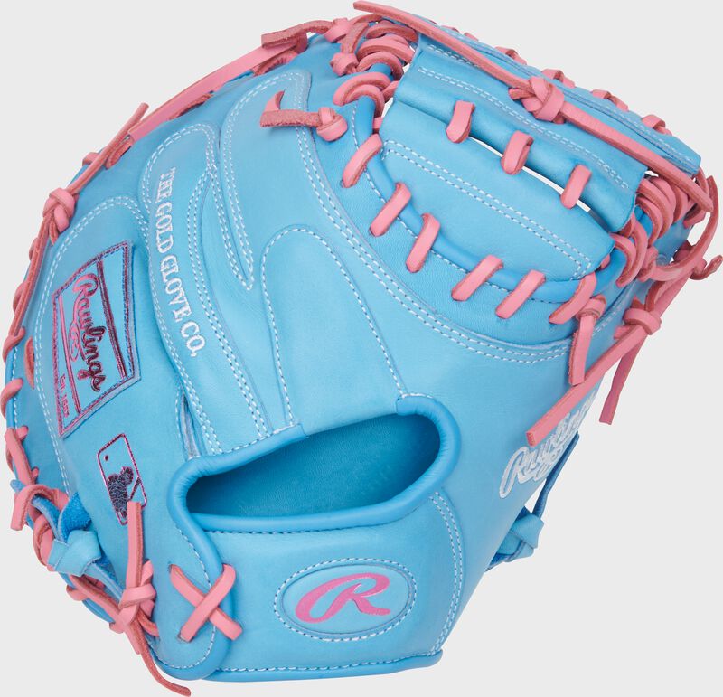 Rawlings Heart Of The Hide  Series Catchers Mitt 33-Inch Baseball Glove  - Right Hand Thrower - Columbia Blue/Pink