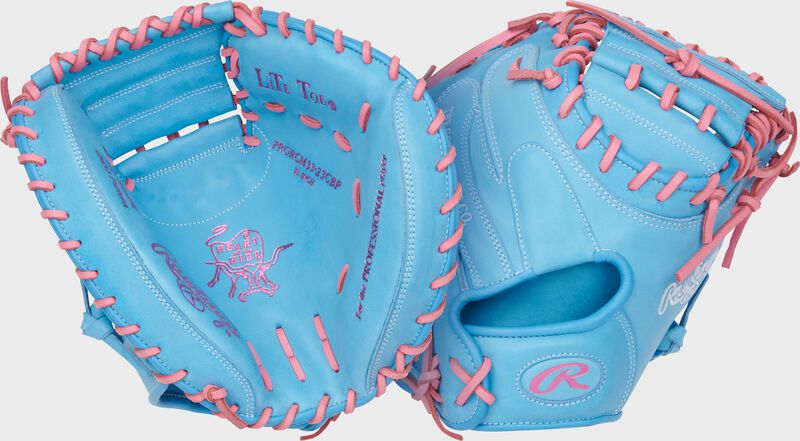 Rawlings Heart Of The Hide  Series Catchers Mitt 33-Inch Baseball Glove  - Right Hand Thrower - Columbia Blue/Pink
