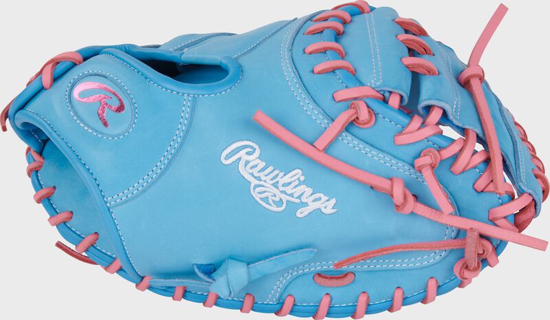 Rawlings Heart Of The Hide  Series Catchers Mitt 33-Inch Baseball Glove  - Right Hand Thrower - Columbia Blue/Pink