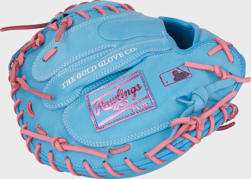 Rawlings Heart Of The Hide  Series Catchers Mitt 33-Inch Baseball Glove  - Right Hand Thrower - Columbia Blue/Pink