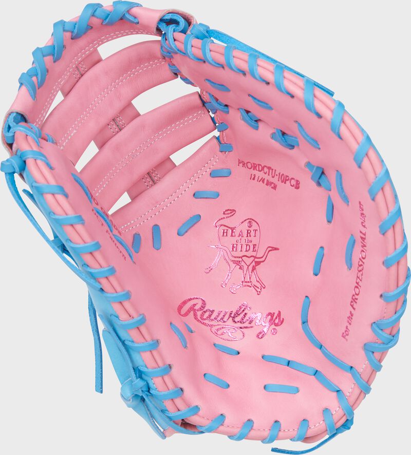 Rawlings Heart Of The Hide Series First Base Mitt 12.25-Inch Baseball Glove - Right Hand Thrower - Pink/Columbia Blue