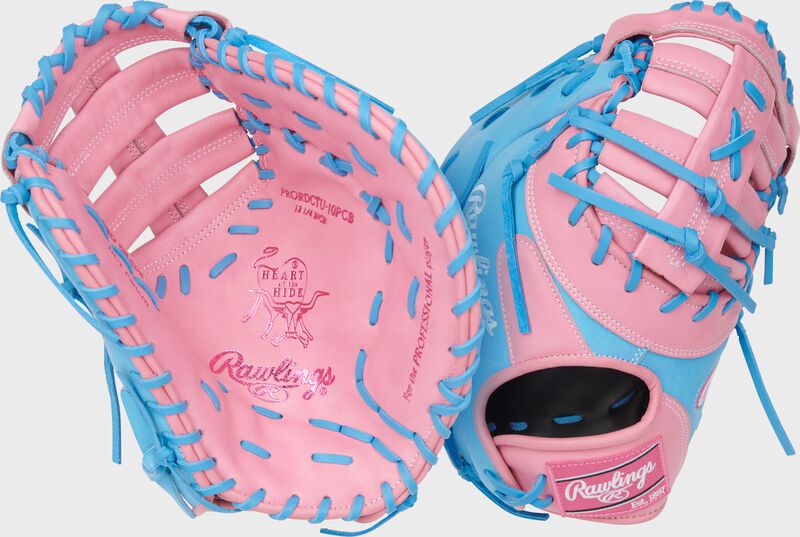 Rawlings Heart Of The Hide Series First Base Mitt 12.25-Inch Baseball Glove - Right Hand Thrower - Pink/Columbia Blue