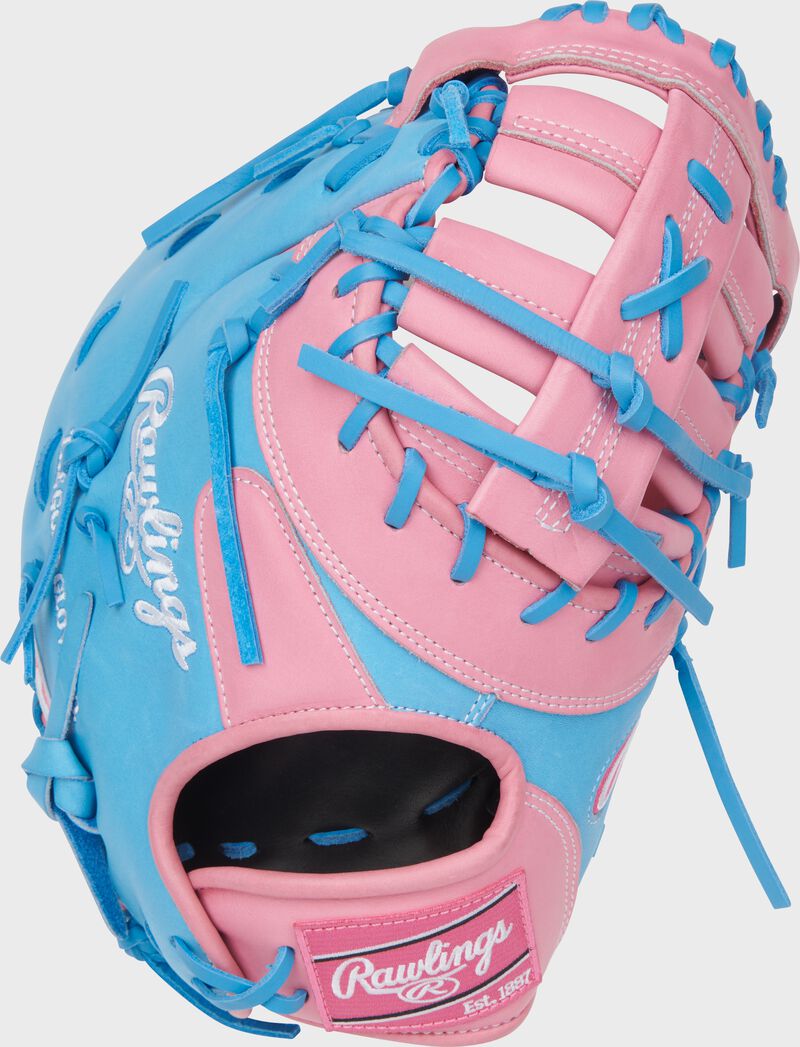 Rawlings Heart Of The Hide Series First Base Mitt 12.25-Inch Baseball Glove - Left Hand Thrower - Pink/Columbia Blue