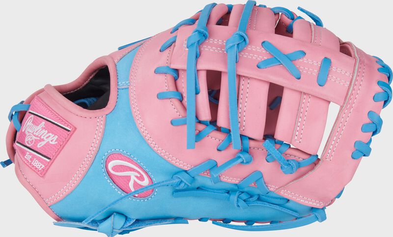 Rawlings Heart Of The Hide Series First Base Mitt 12.25-Inch Baseball Glove - Right Hand Thrower - Pink/Columbia Blue