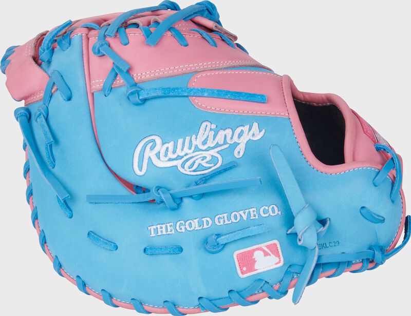 Rawlings Heart Of The Hide Series First Base Mitt 12.25-Inch Baseball Glove - Left Hand Thrower - Pink/Columbia Blue
