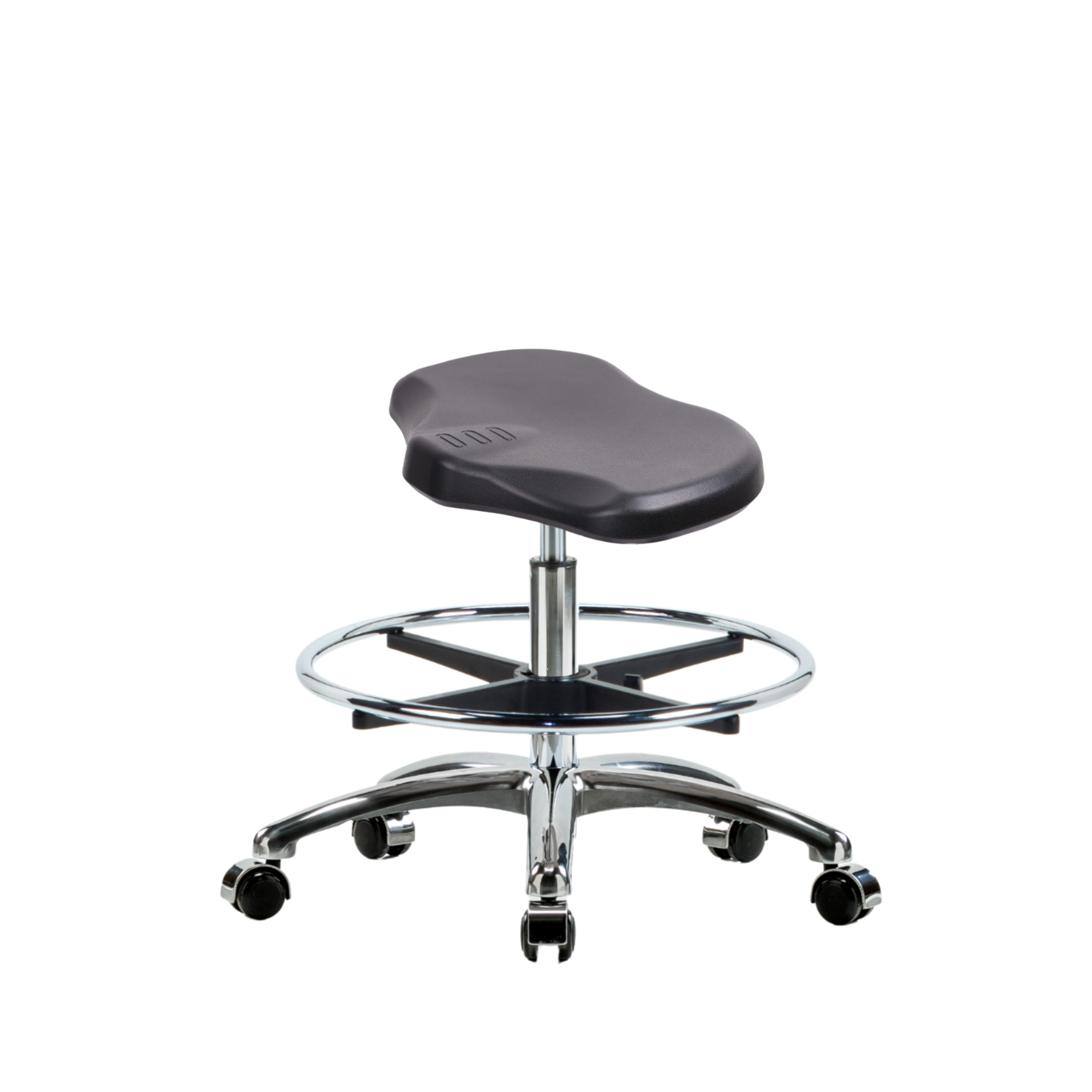 Polyurethane Ray Stool Chrome - Medium Bench Height with Chrome Foot Ring & Chrome Casters in Black Polyurethane
