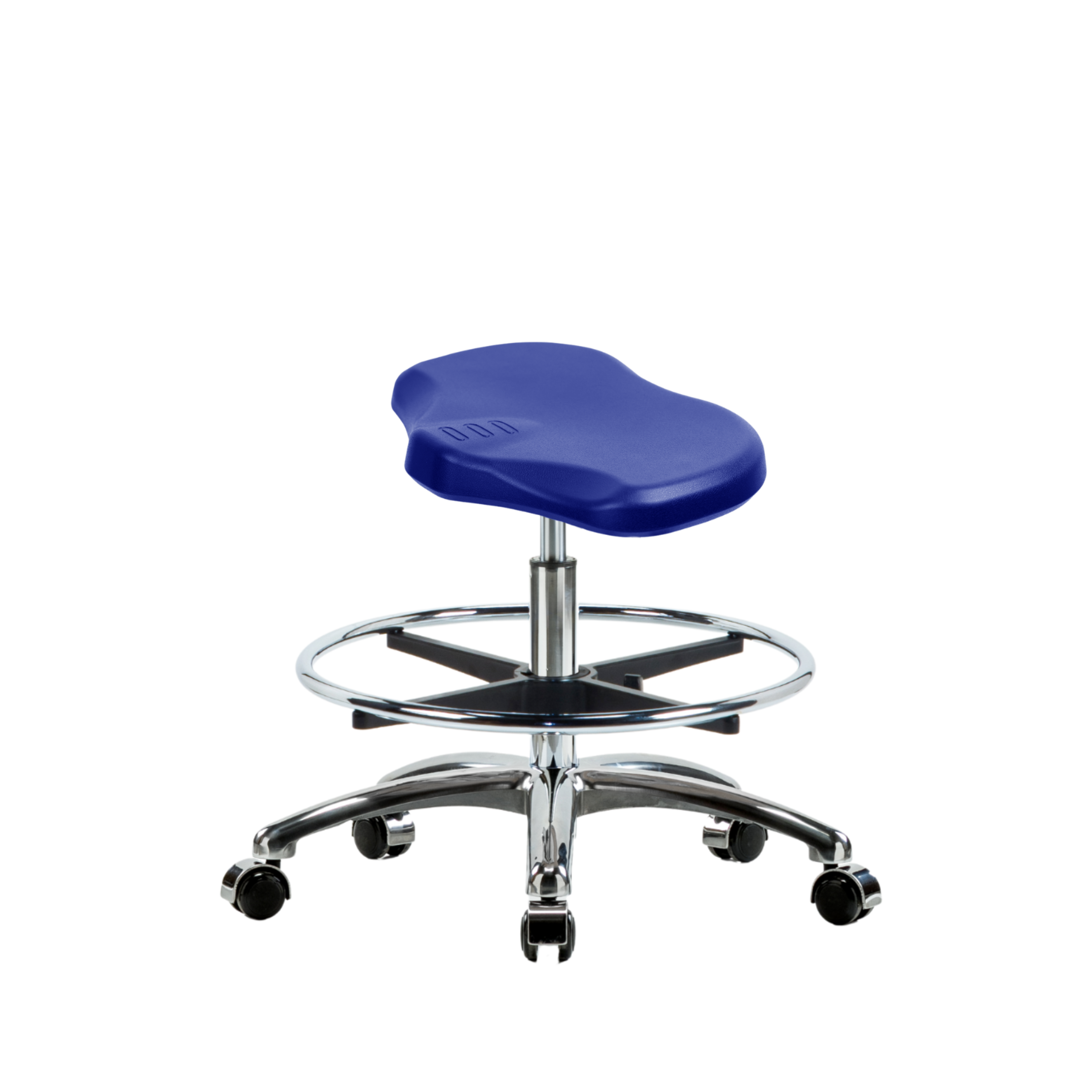 Polyurethane Ray Stool Chrome - Medium Bench Height with Chrome Foot Ring & Chrome Casters in Blue Polyurethane