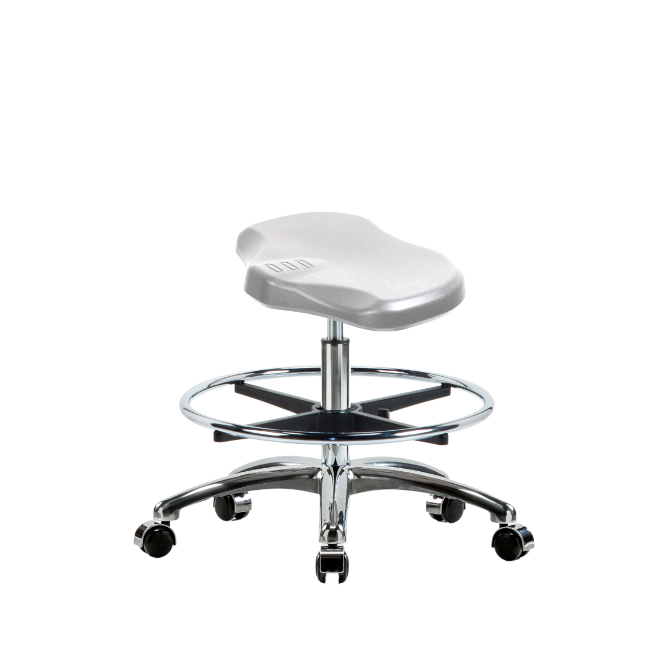 Polyurethane Ray Stool Chrome - Medium Bench Height with Chrome Foot Ring & Chrome Casters in Gray Polyurethane