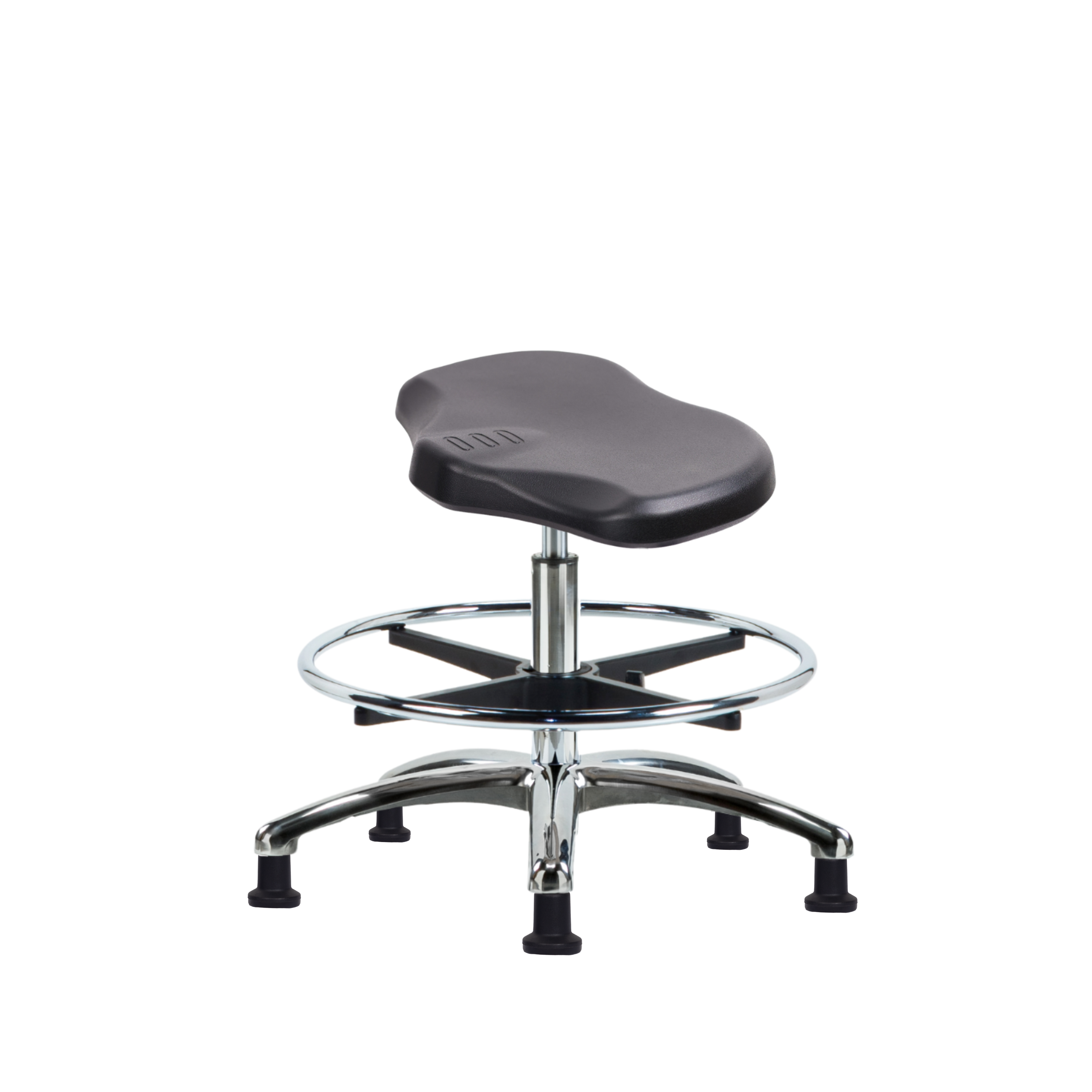 Polyurethane Ray Stool Chrome - Medium Bench Height with Chrome Foot Ring & Stationary Glides in Black Polyurethane