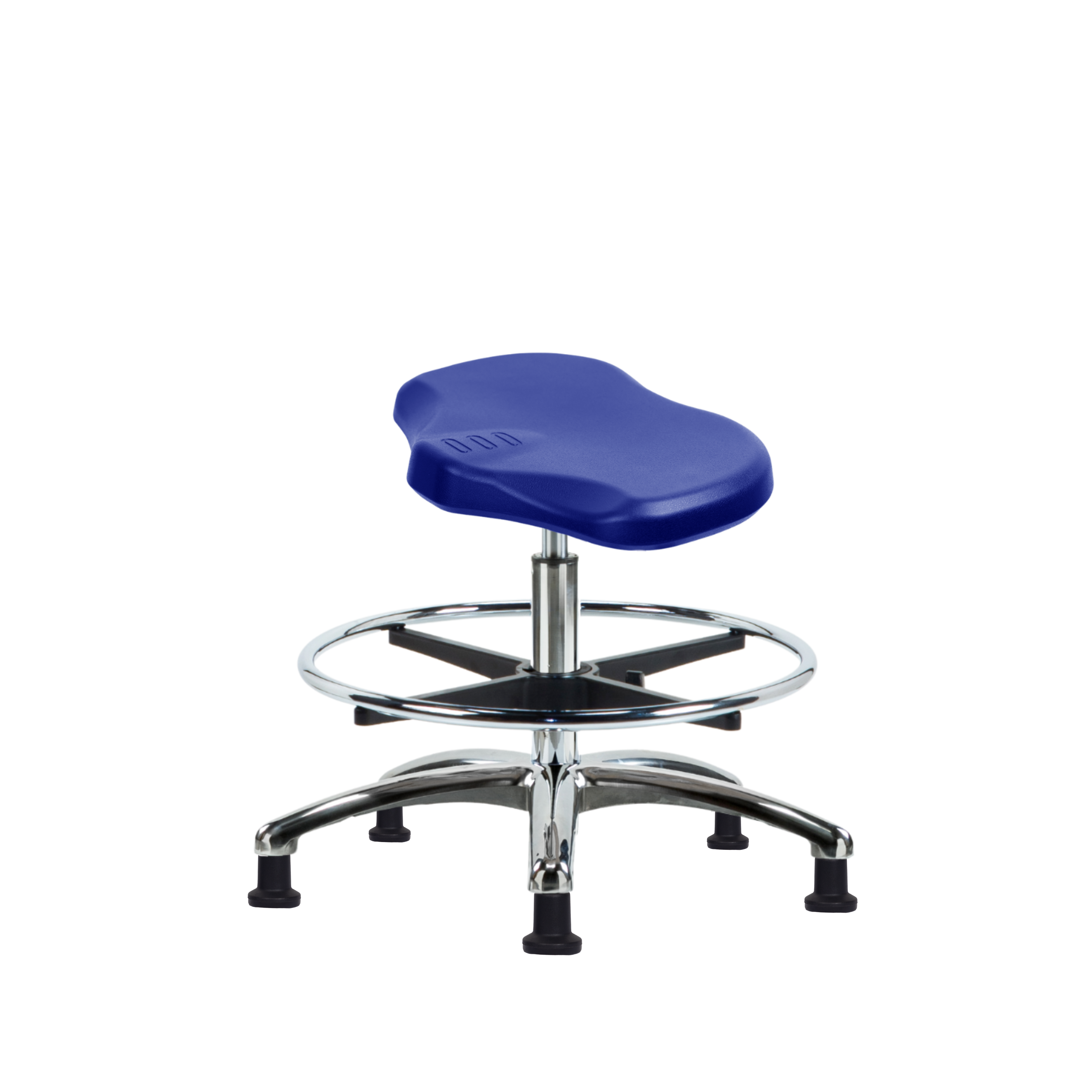 Polyurethane Ray Stool Chrome - Medium Bench Height with Chrome Foot Ring & Stationary Glides in Blue Polyurethane