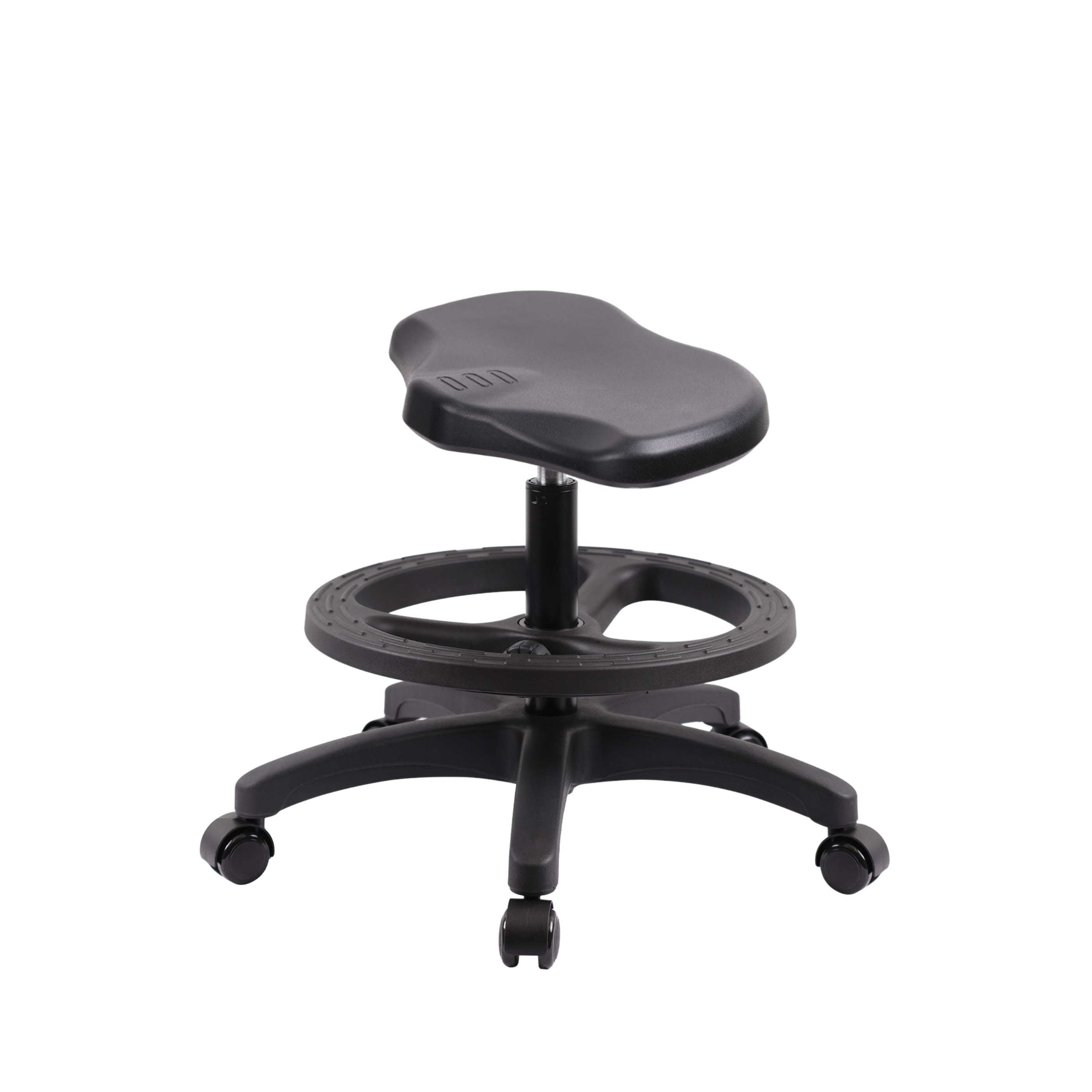Polyurethane Ray Stool - Medium Bench Height with Black Foot Ring & Casters in Black Polyurethane