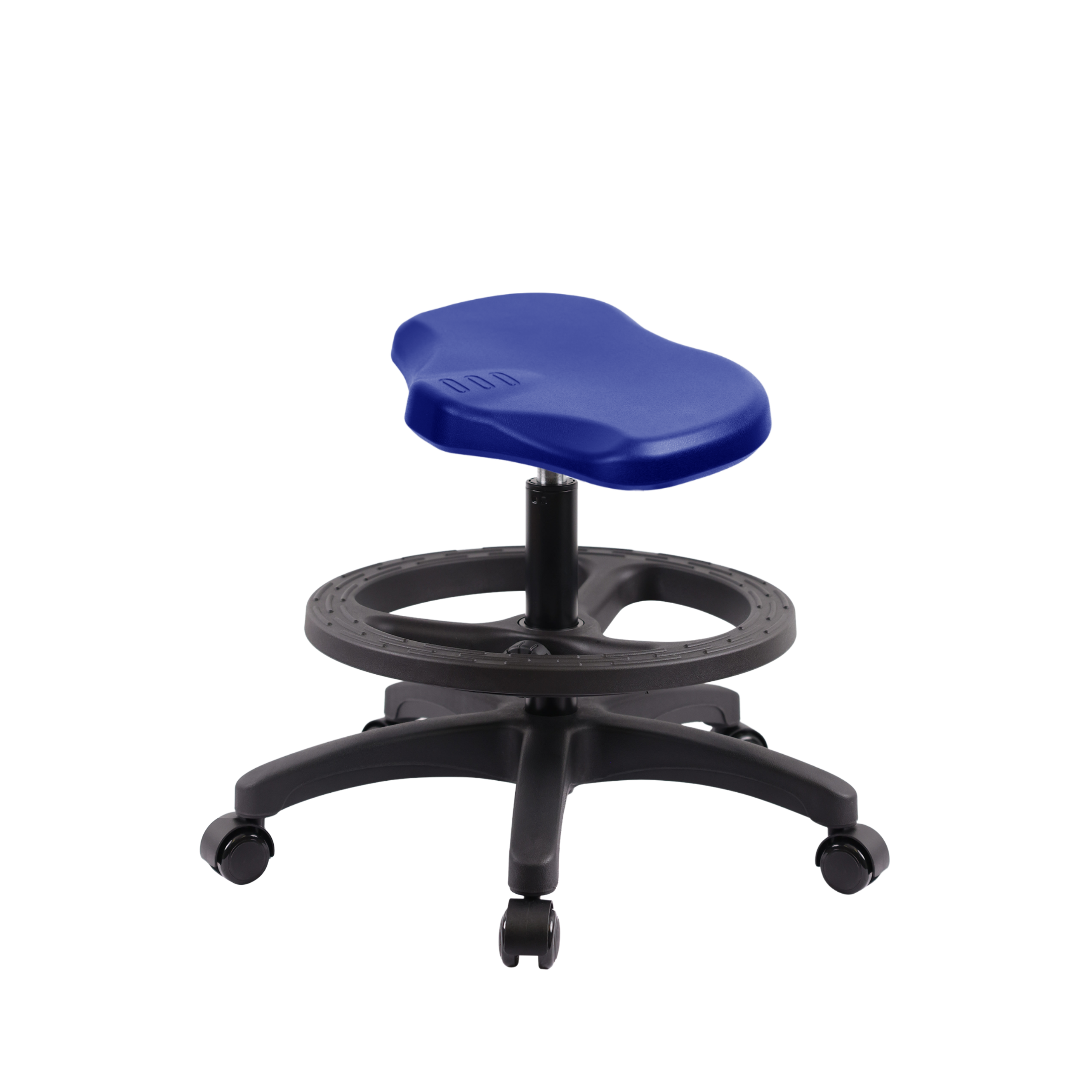 Polyurethane Ray Stool - Medium Bench Height with Black Foot Ring & Casters in Blue Polyurethane