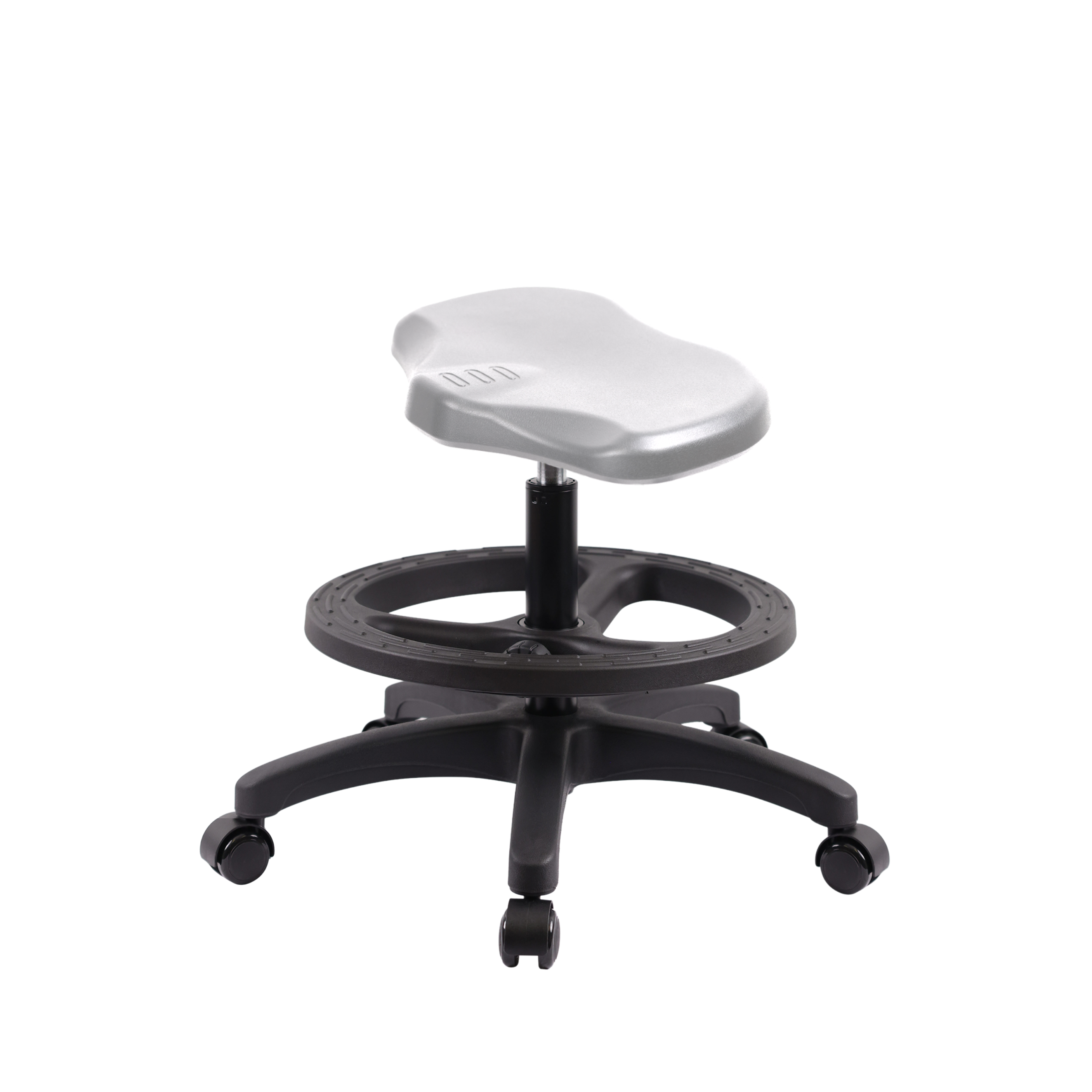 Polyurethane Ray Stool - Medium Bench Height with Black Foot Ring & Casters in Gray Polyurethane