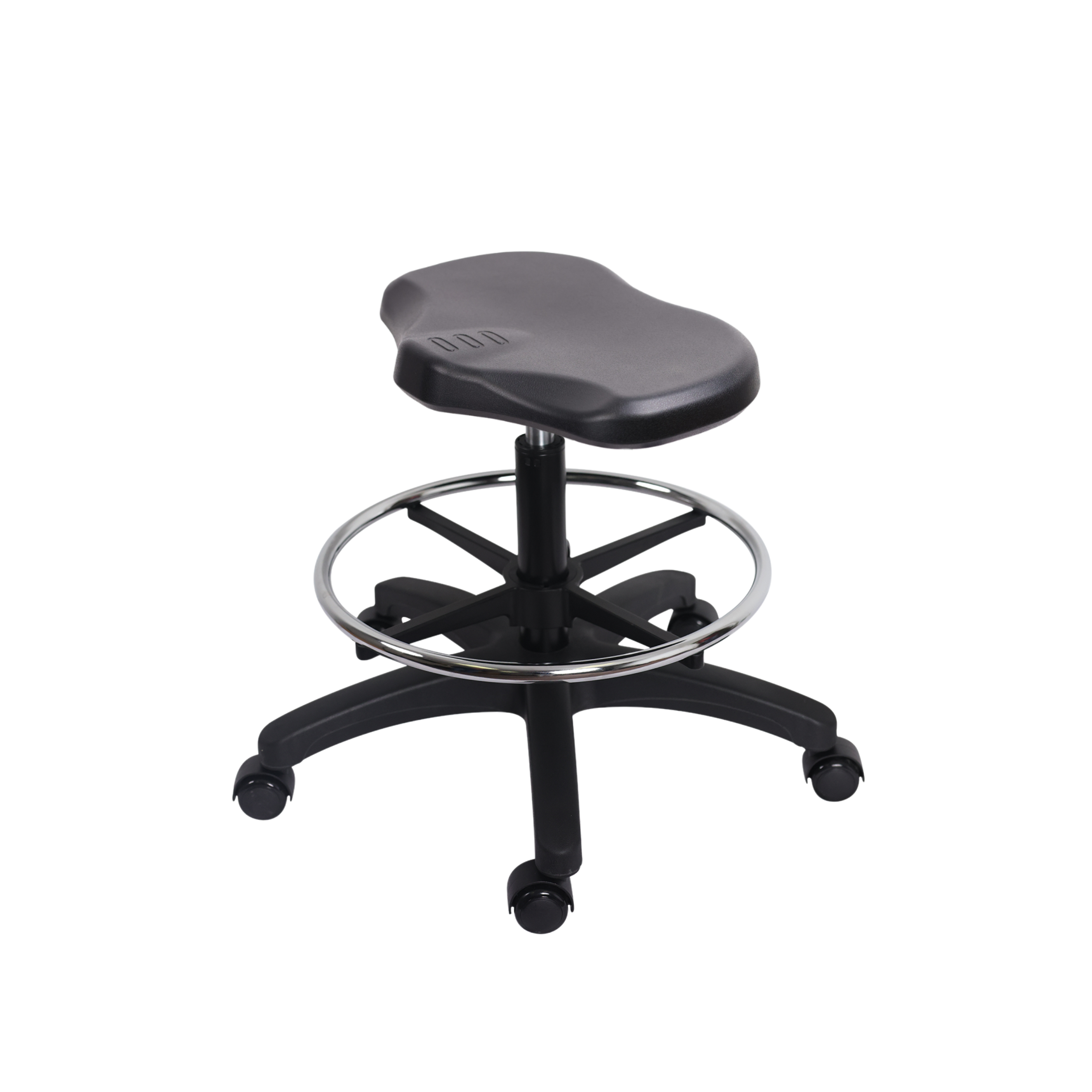 Polyurethane Ray Stool - Medium Bench Height with Chrome Foot Ring & Casters in Black Polyurethane