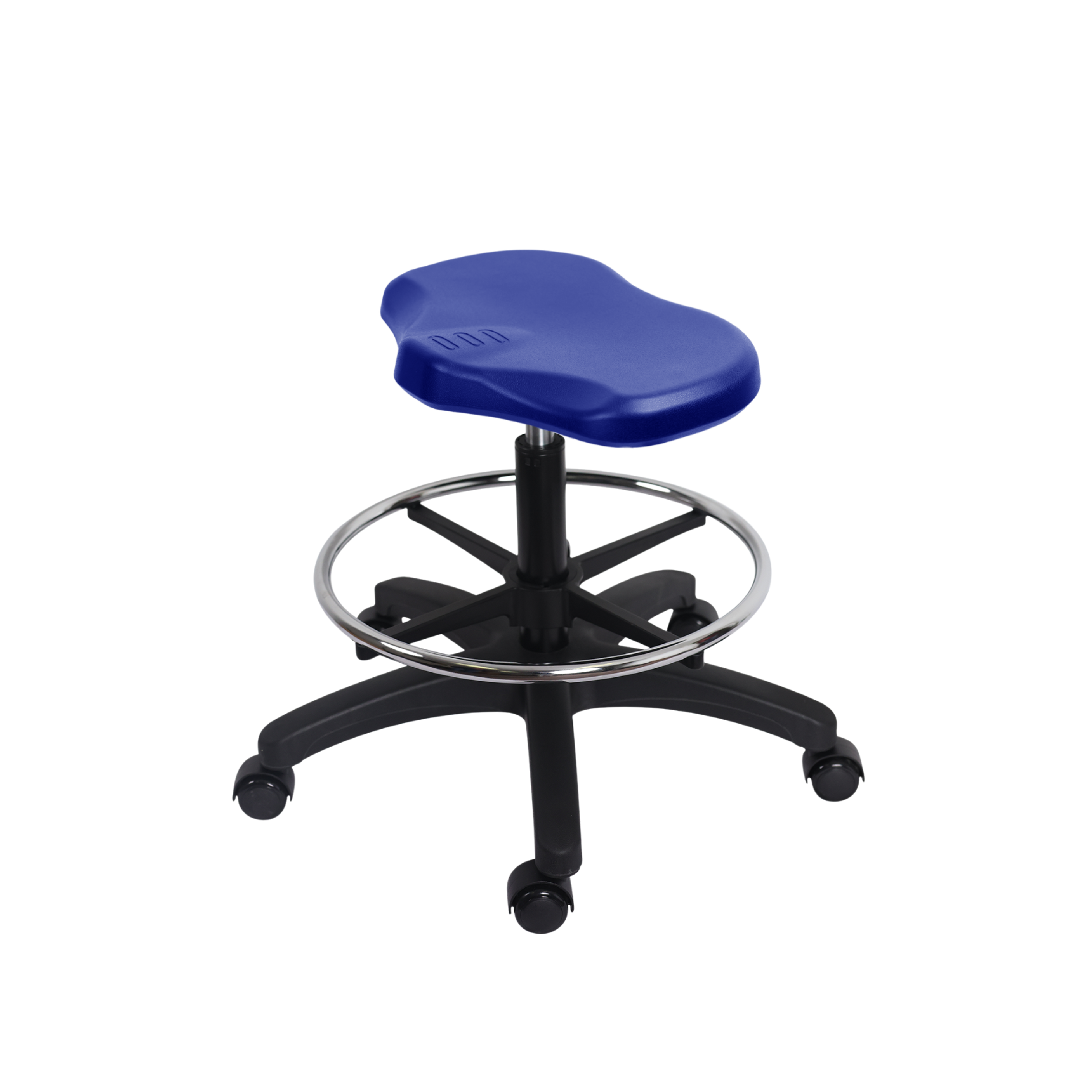 Polyurethane Ray Stool - Medium Bench Height with Chrome Foot Ring & Casters in Blue Polyurethane
