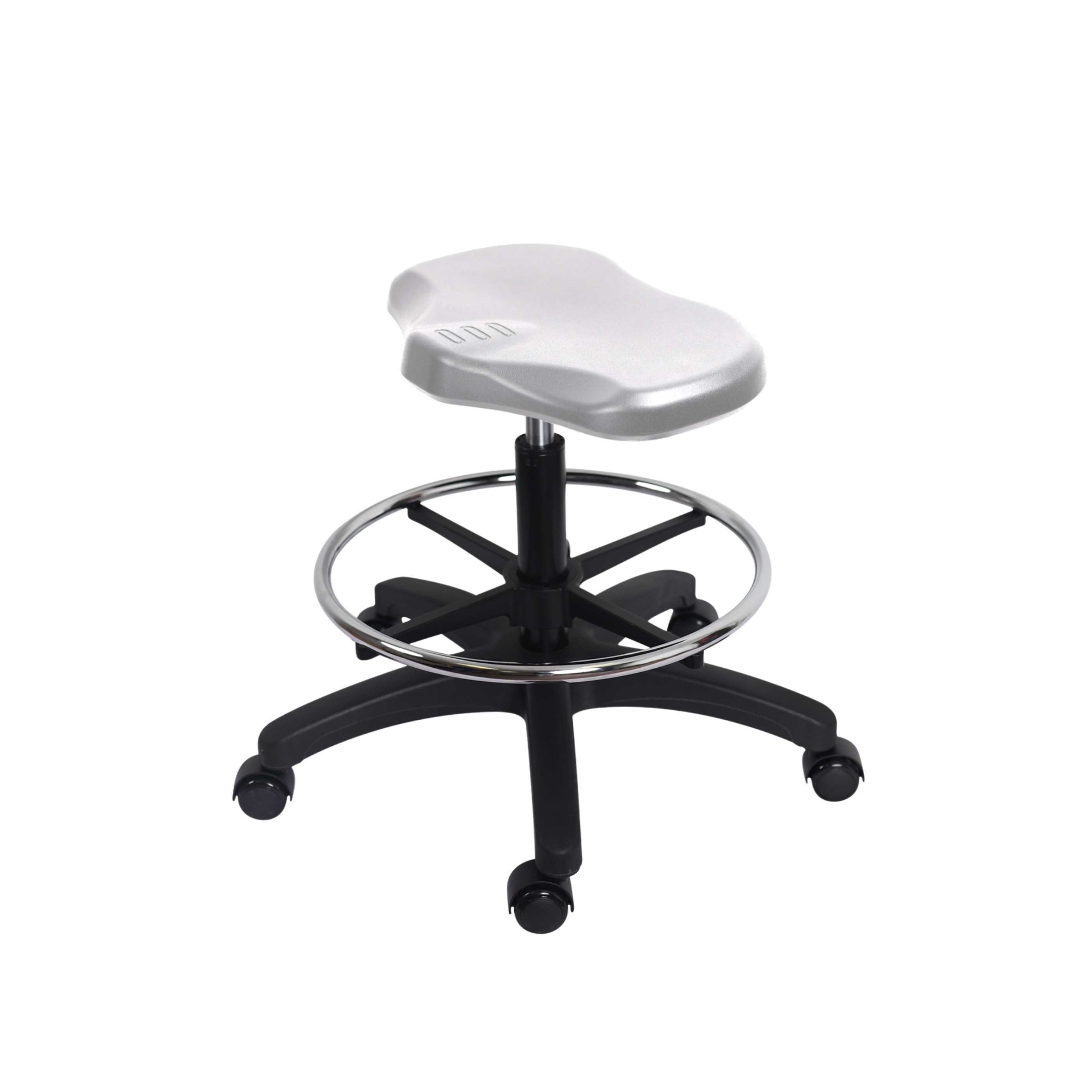 Polyurethane Ray Stool - Medium Bench Height with Chrome Foot Ring & Casters in Gray Polyurethane