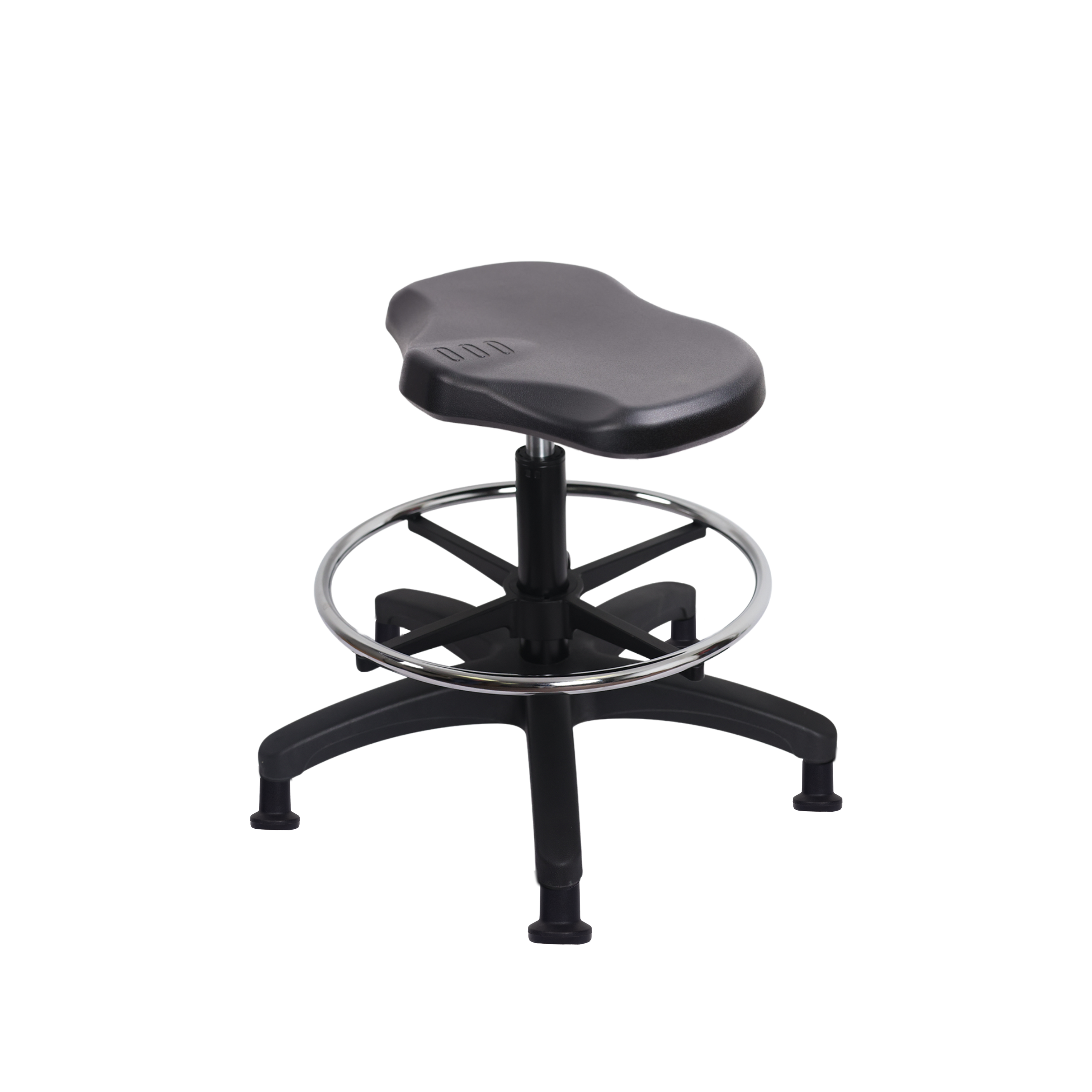 Polyurethane Ray Stool - Medium Bench Height with Chrome Foot Ring & Stationary Glides in Black Polyurethane