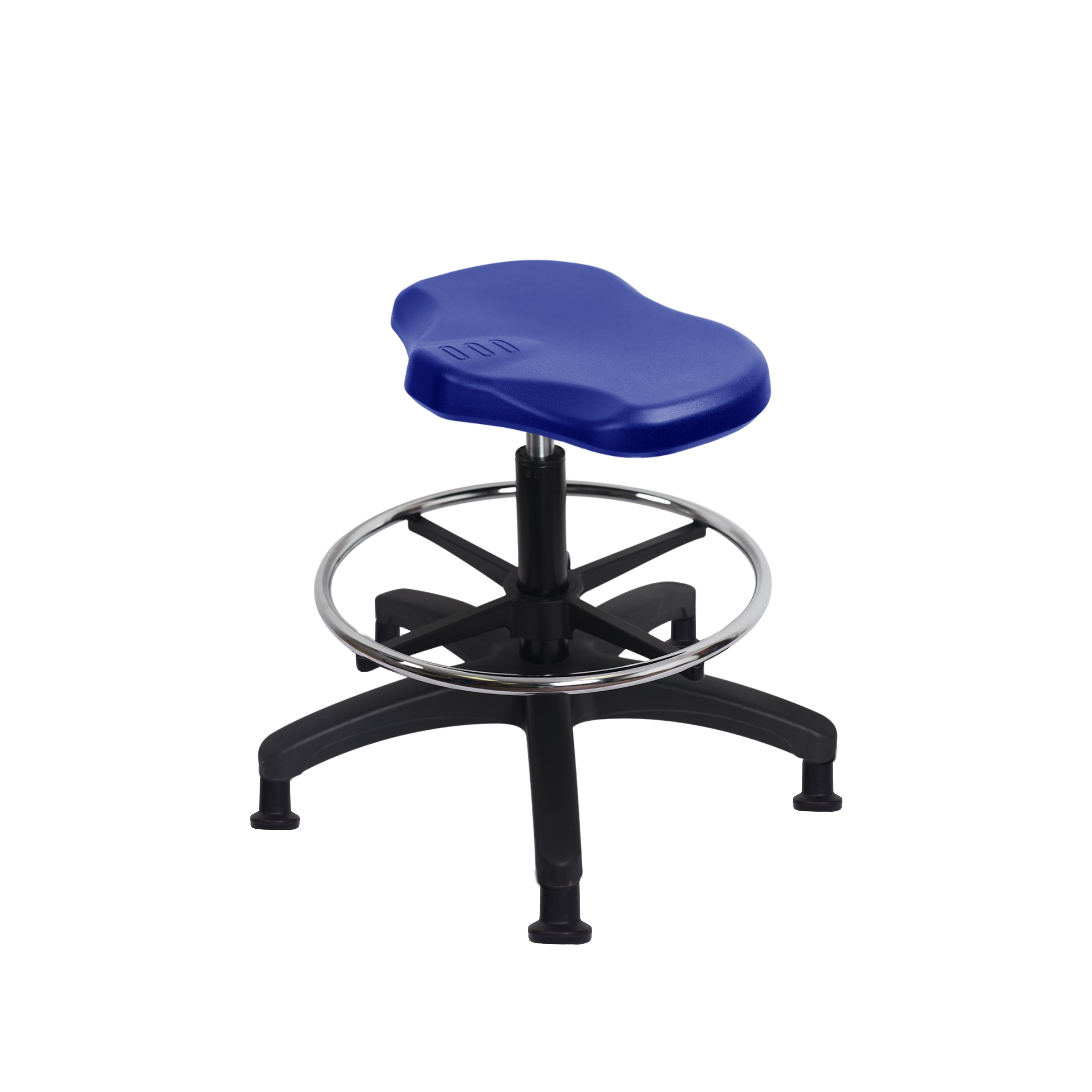 Polyurethane Ray Stool - Medium Bench Height with Chrome Foot Ring & Stationary Glides in Blue Polyurethane
