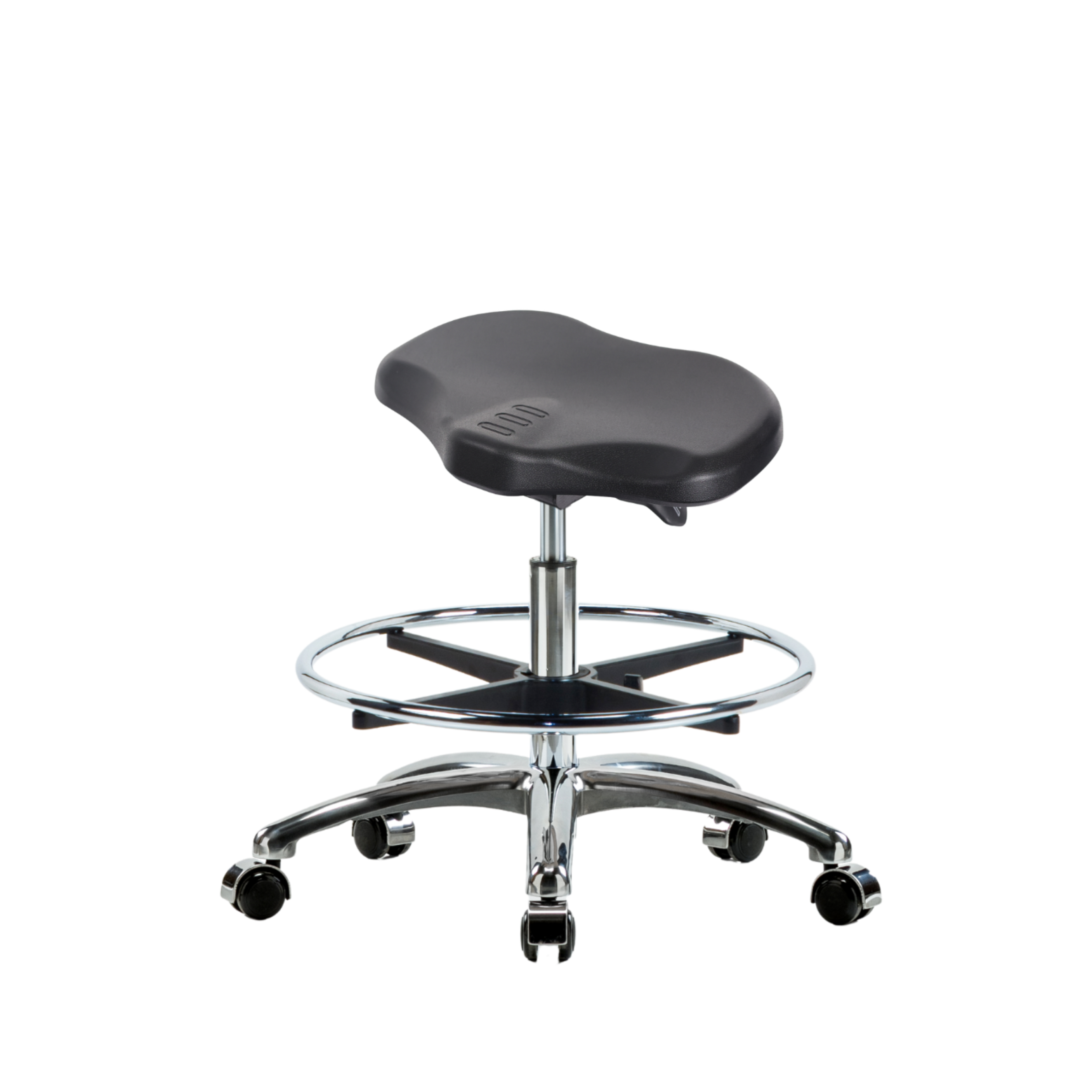 Polyurethane Ray Sit-Stand Stool Chrome - Medium Bench Height with Chrome Foot Ring & Chrome Casters in Black Polyurethane