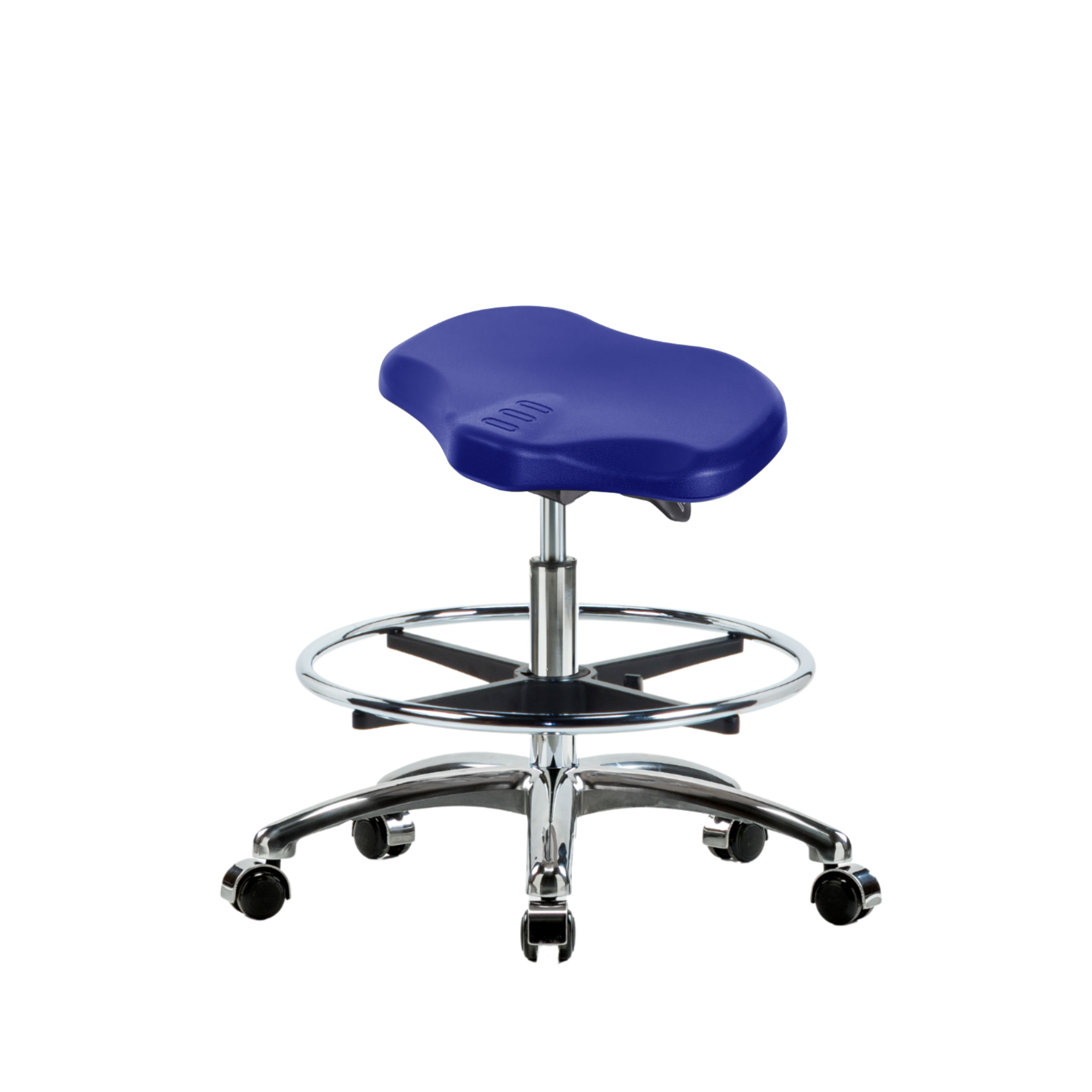 Polyurethane Ray Sit-Stand Stool Chrome - Medium Bench Height with Chrome Foot Ring & Chrome Casters in Blue Polyurethane