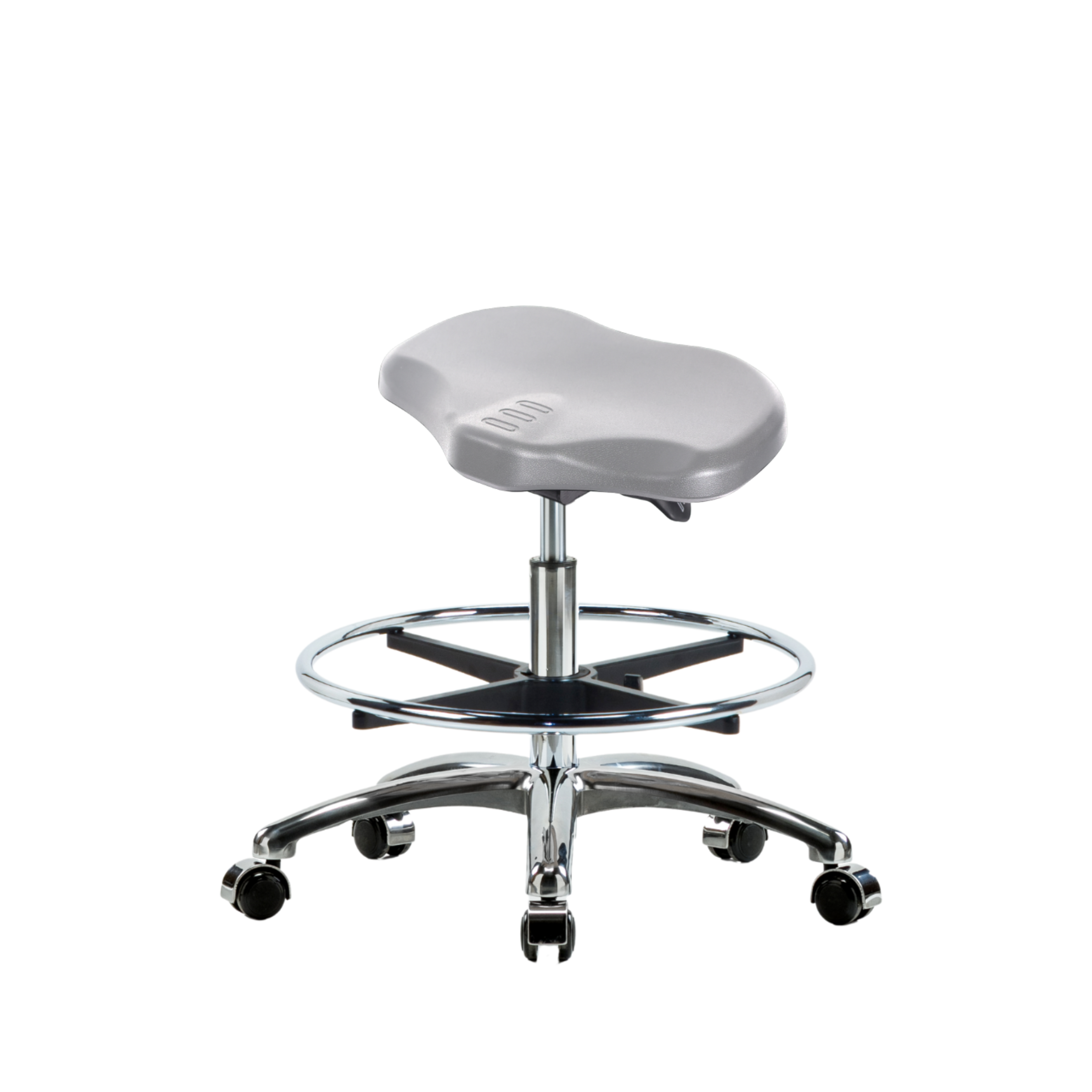 Polyurethane Ray Sit-Stand Stool Chrome - Medium Bench Height with Chrome Foot Ring & Chrome Casters in Gray Polyurethane