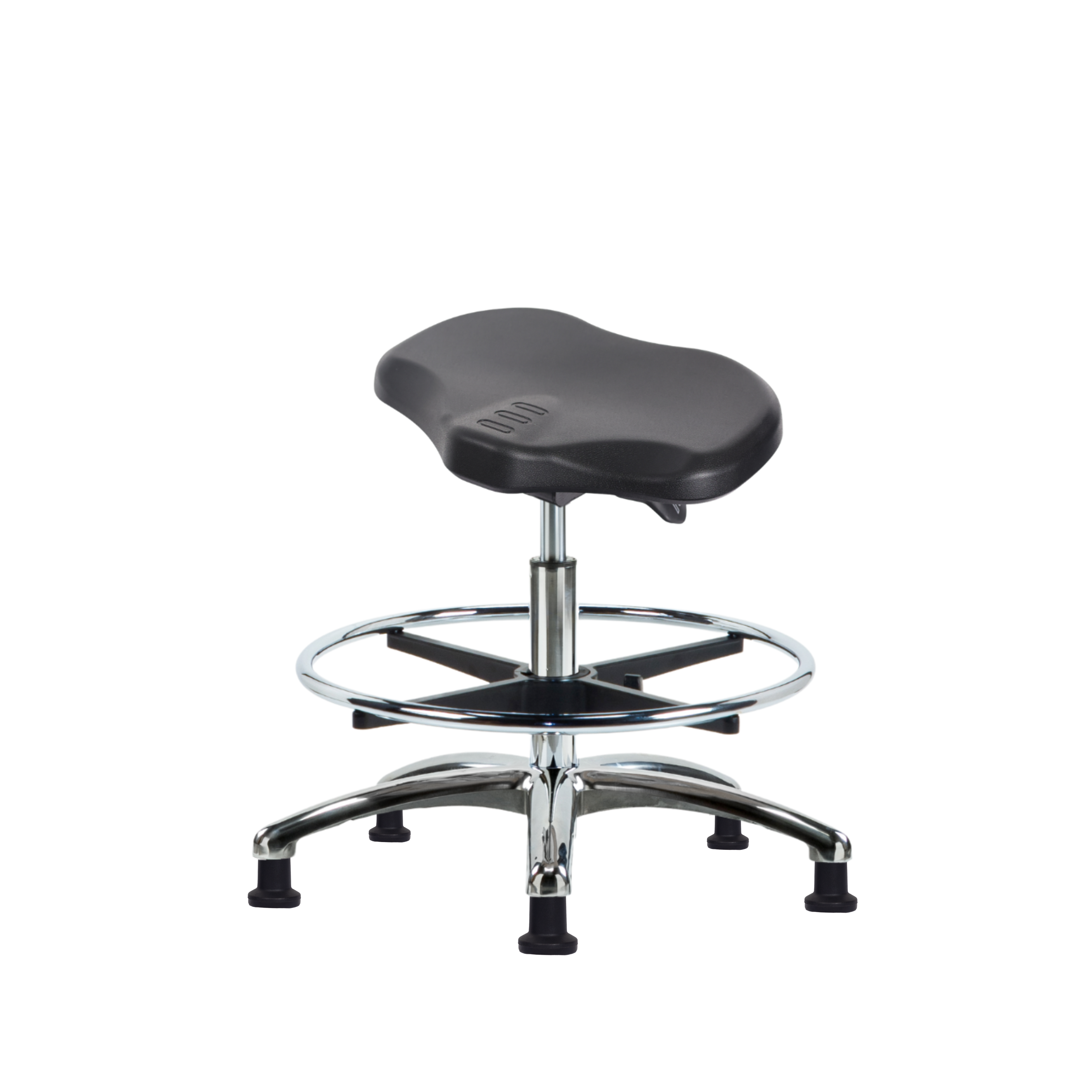 Polyurethane Ray Sit-Stand Stool Chrome - Medium Bench Height with Chrome Foot Ring & Stationary Glides in Black Polyurethane