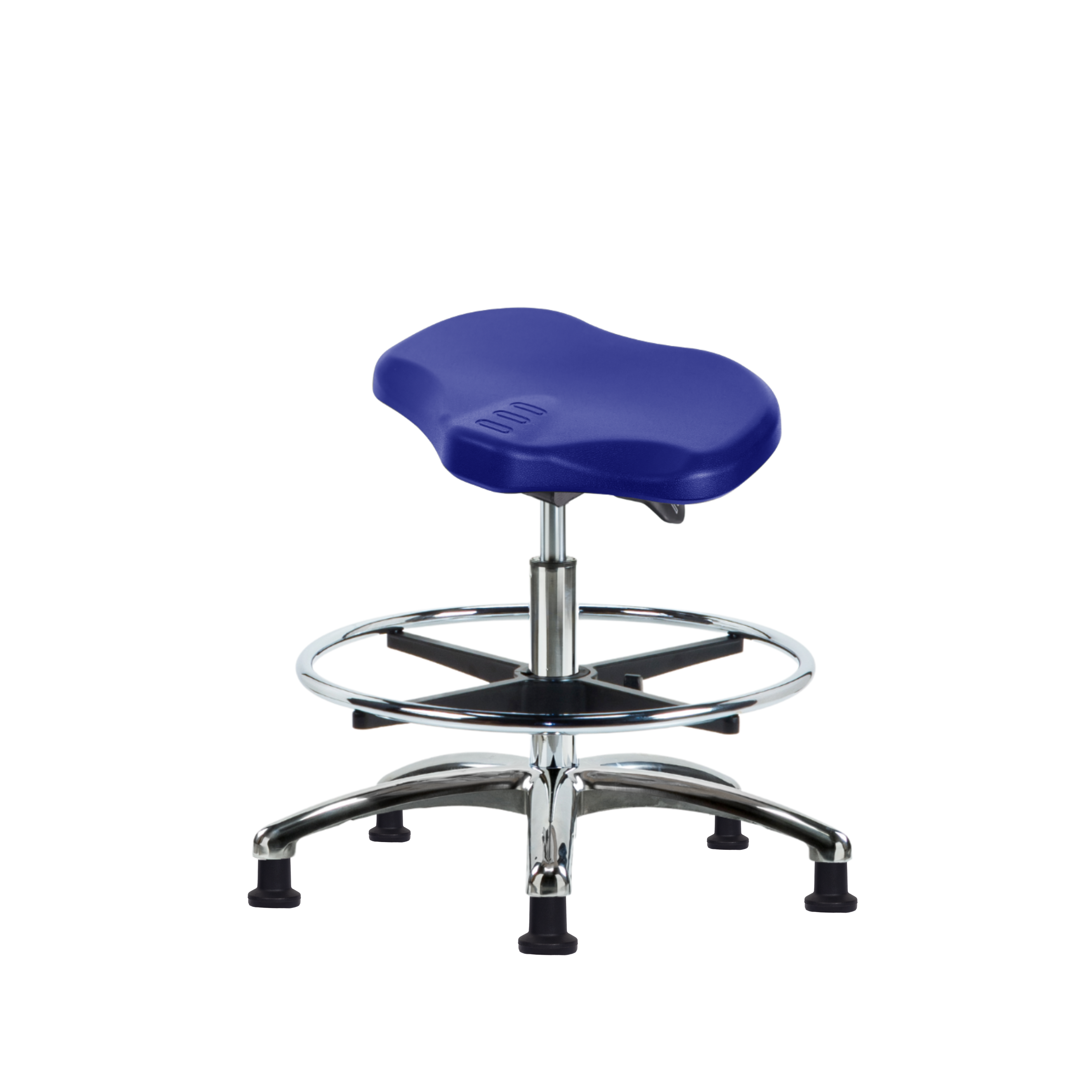 Polyurethane Ray Sit-Stand Stool Chrome - Medium Bench Height with Chrome Foot Ring & Stationary Glides in Blue Polyurethane