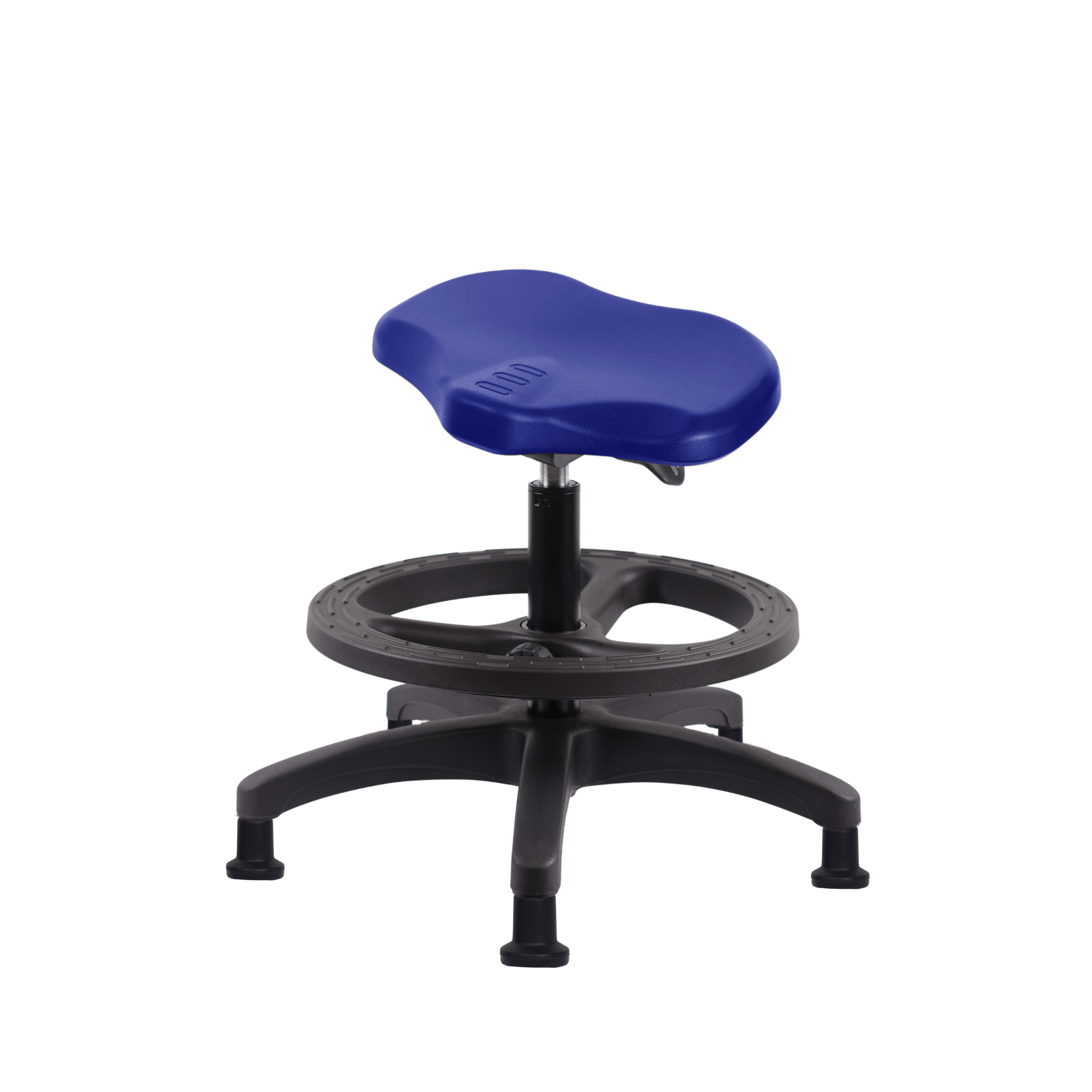 Polyurethane Ray Sit-Stand Stool - Medium Bench Height with Black Foot Ring & Stationary Glides in Blue Polyurethane