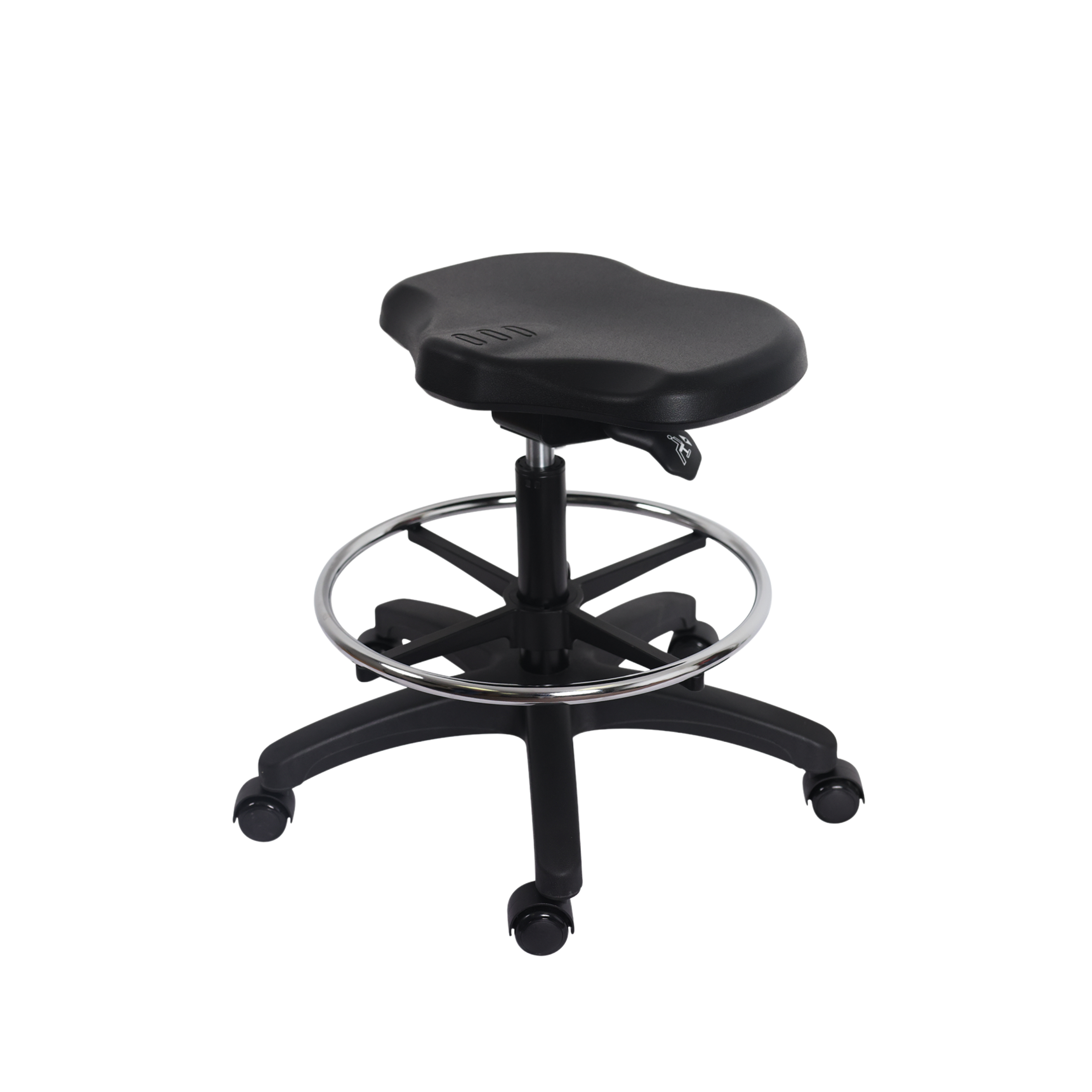 Polyurethane Ray Sit-Stand Stool - Medium Bench Height with Chrome Foot Ring & Casters in Black Polyurethane