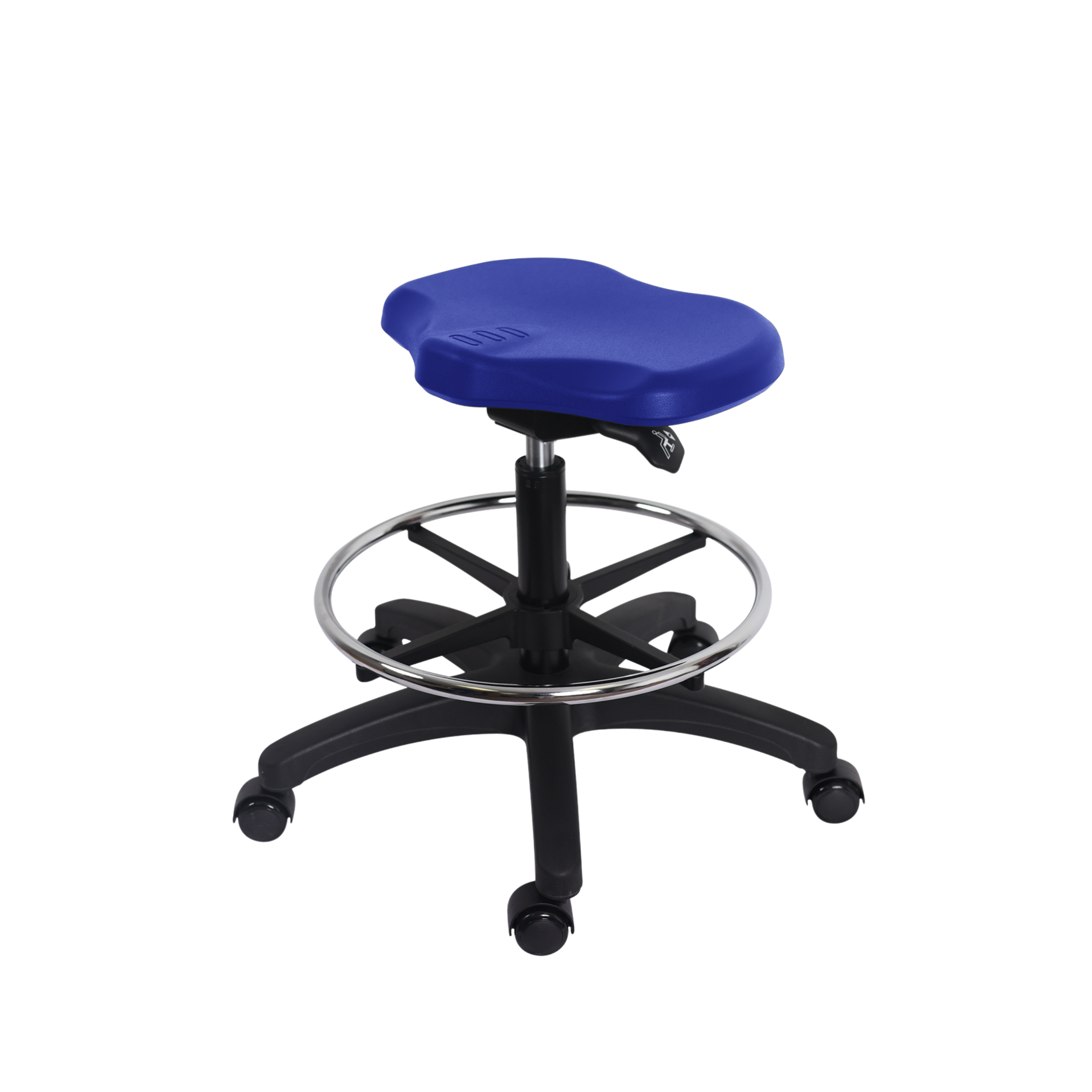 Polyurethane Ray Sit-Stand Stool - Medium Bench Height with Chrome Foot Ring & Casters in Blue Polyurethane